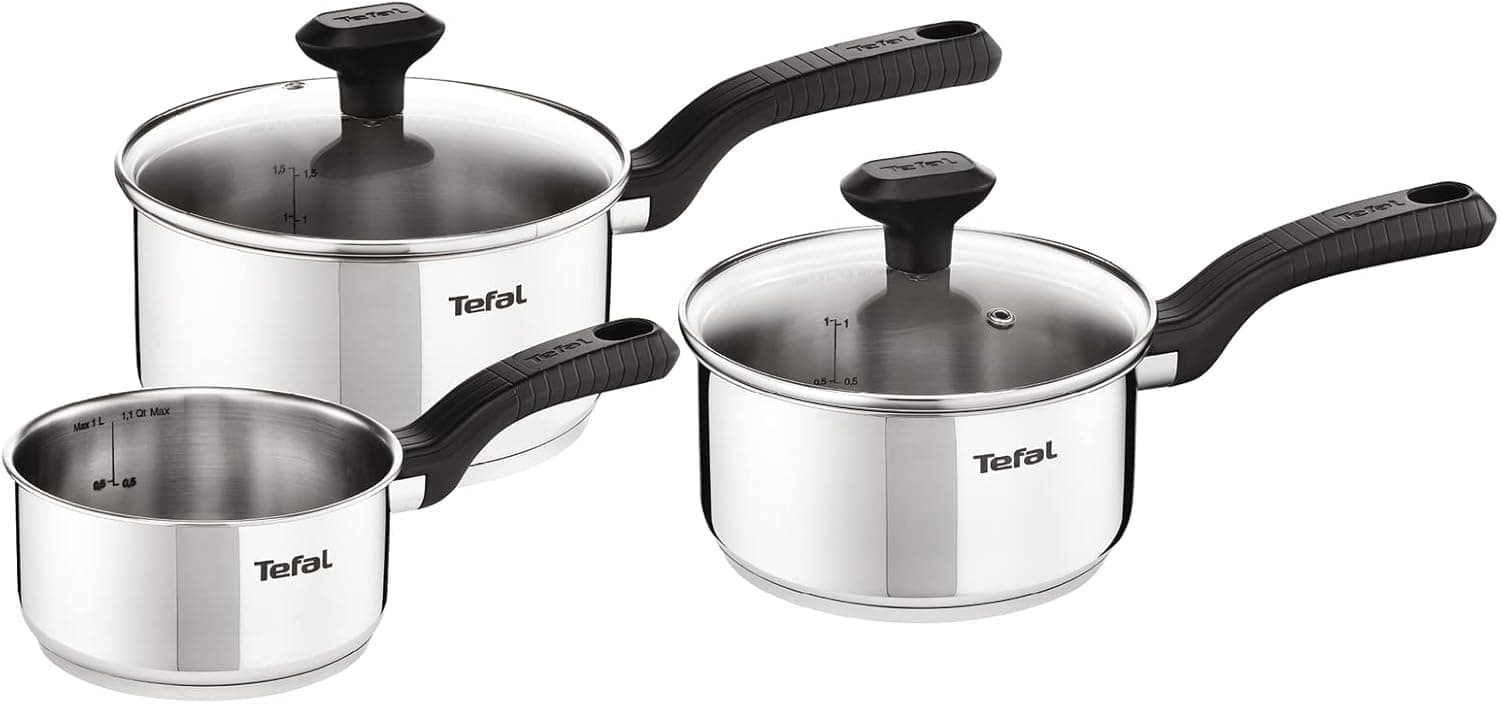 Tefal Comfort Max - Juego de 3 Cazos de 16/18/20 cm + 2 Tapas, Apto inducción, sin antiadherente, apto lavavajillas y horno, acero inoxidable