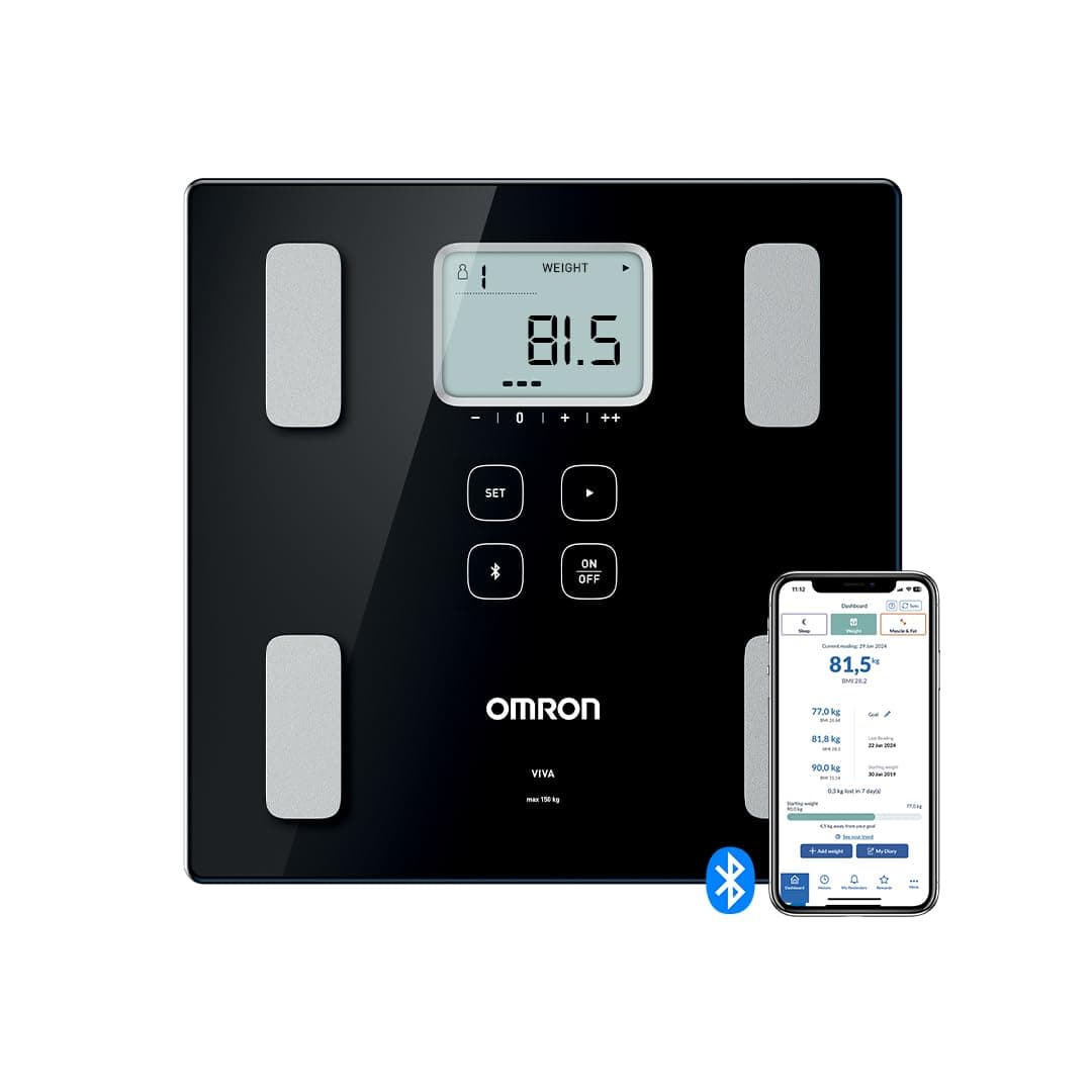 OMRON VIVA, bilancia pesapersone digitale per misurare peso, grasso viscerale, muscoli, metabolismo, BMI con risultati precisi e sincronizzazione Bluetooth tramite app OMRON Connect