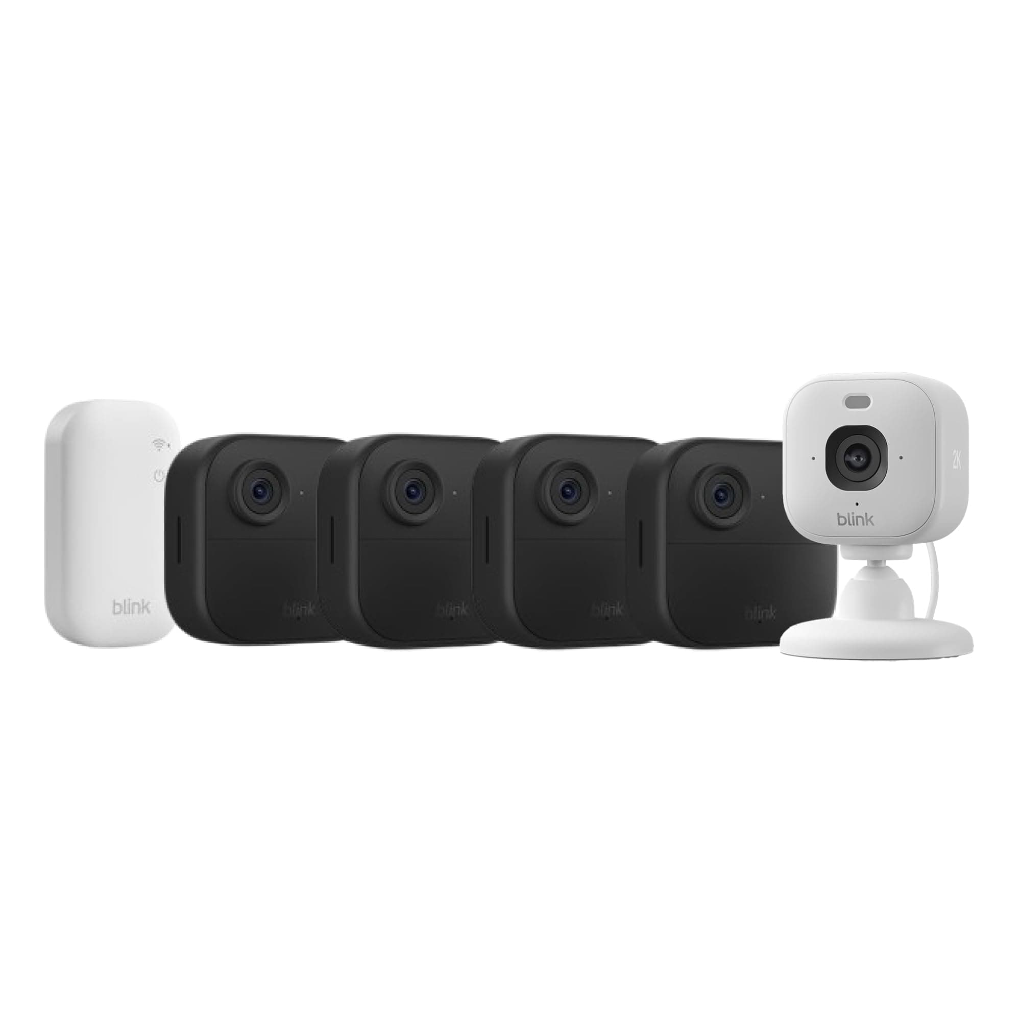 Blink-Kamera Outdoor 4 + Blink Mini 2K+ WeiĂź (neueste Generation)| Kabellose intelligente HD-Sicherheitskamera, zwei Jahre Batterielaufzeit | 4-Kamera-System mit enthaltenem Sync Module Core | IP65