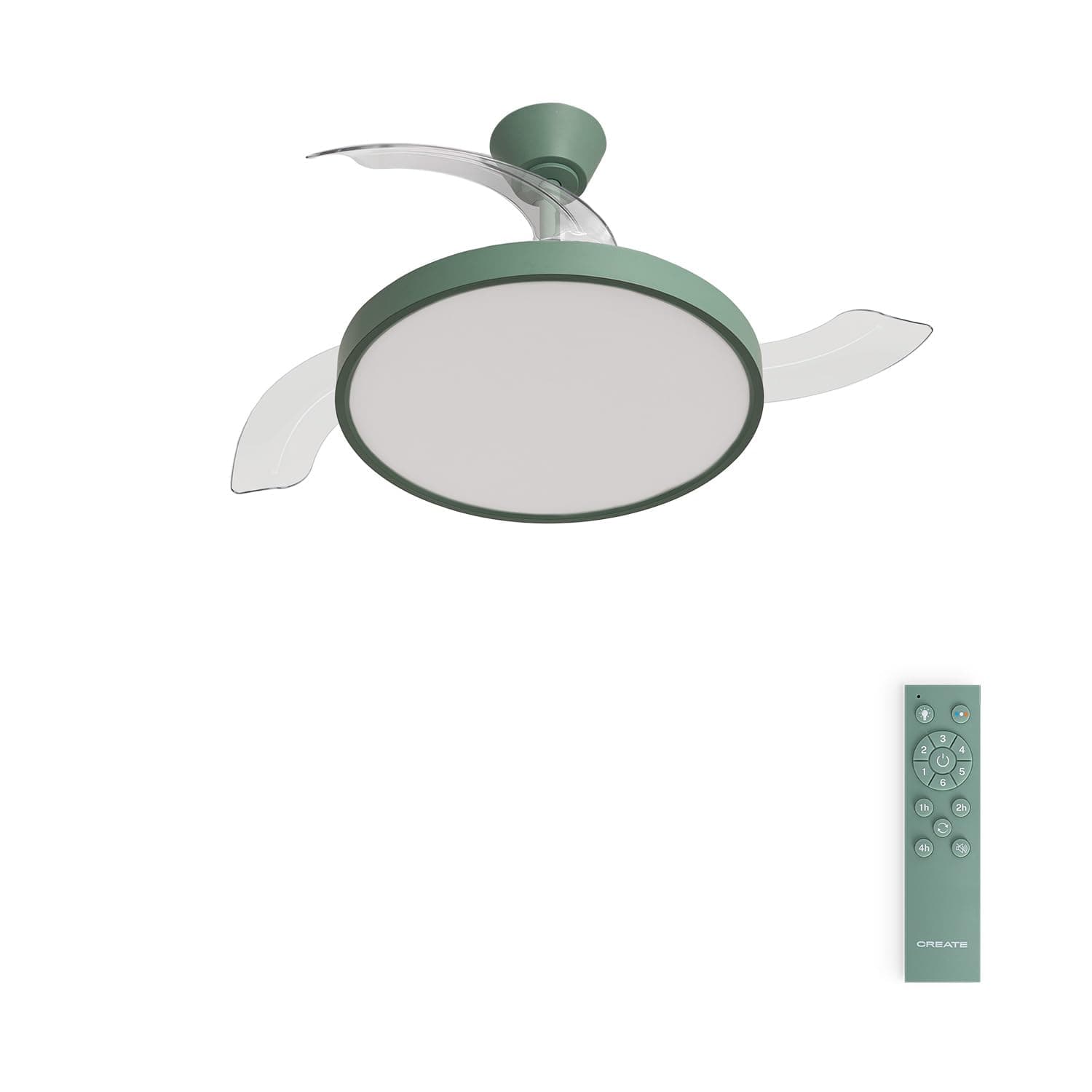 CREATE / WIND CLEAR STUDIO M/Ventilateur de plafond avec lumière vert sauge avec télécommande / 40W, Ø108 cm, 6 vitesses, pales rétractables, 3 températures de lumière, fonction été-hiver