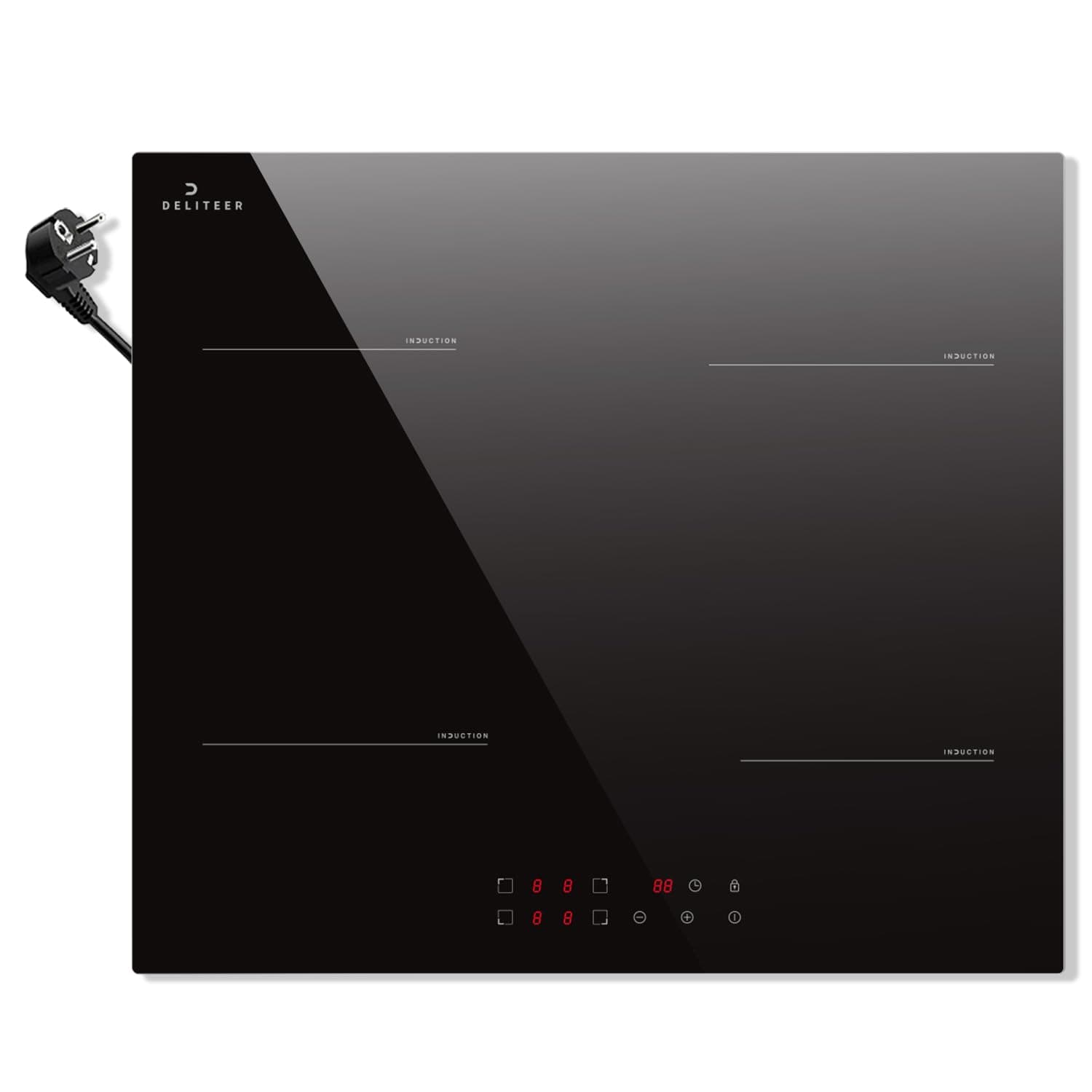 DELITEER Placa Induccion 4 Fuegos con 16A Enchufe, 3500W, 59CM | Placa de Inducción Autosuficiente, Empotrable, Cierre de Seguridad, Bloqueo de Seguridad Para Niños, Temporizador