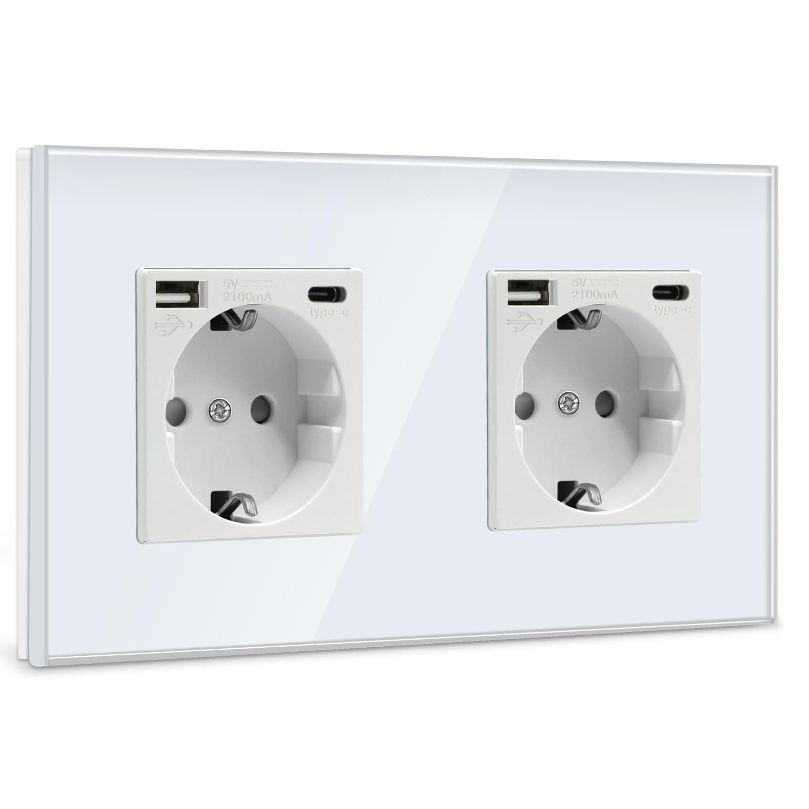 BSEED Doble Enchufe de Pared USB(Max. 2.1A) con Tipo C Port,Blanco Schuko Enchufe,Toma de Corriente con 2 x Cargadores USB y Tipo C Adecuado para Smartphone MP3 Tablet,para Cocina,Dormitorio