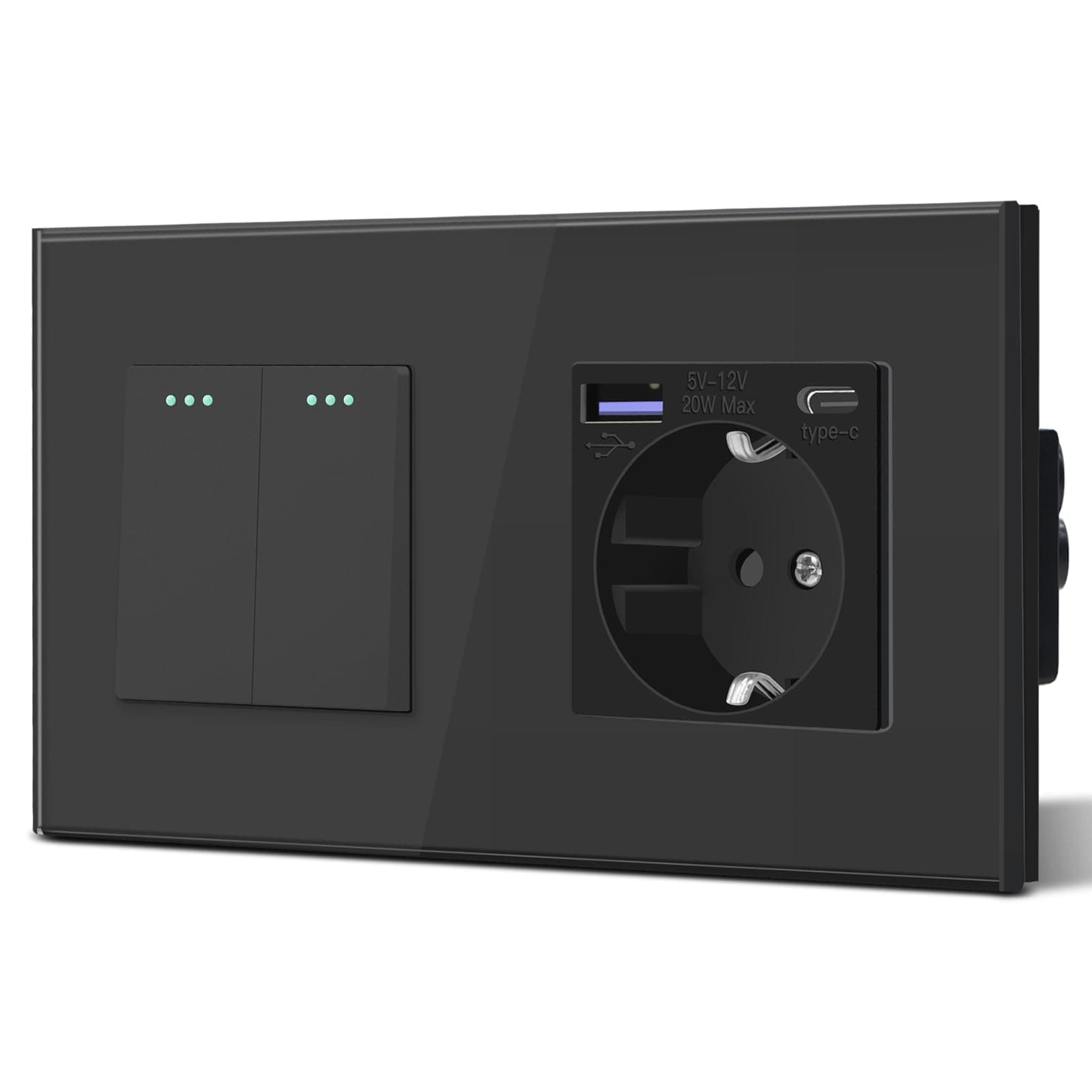 BSEED Interruptor y Enchufe,Enchufes Pared con 20W USB y Tipo C,Carga Rápida,Panel de Vidrio,3 en 1,Fácil Instalación,2 Gang 1 Vía Con 20W Enchufe,157mm Negro