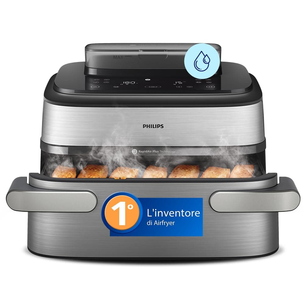 Philips Airfryer 5000 - Friggitrice ad aria, Cestello Flexi da 9.5L, Vapore | Cestello con divisore removibile, Steamfry ad aria o vapore, Pulizia automatica SteamClean, Ceramica PFAS Free (NA565/00)