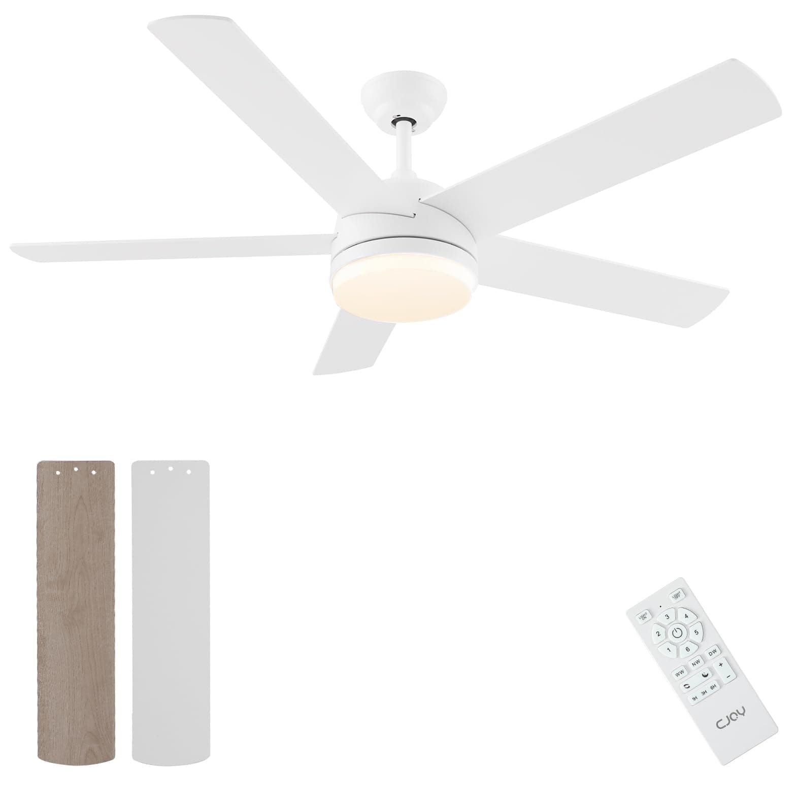 CJOY Ventilateur Plafond, 152cm Blanc/Bois Ventilateur Plafond Silencieux avec Lumiere et Telecommande, 6 Vitesses, 3CCT Dimmable, Minuterie, Réversible 5 Pales, Mode Veille, Pour Chambre/Salon/Maison
