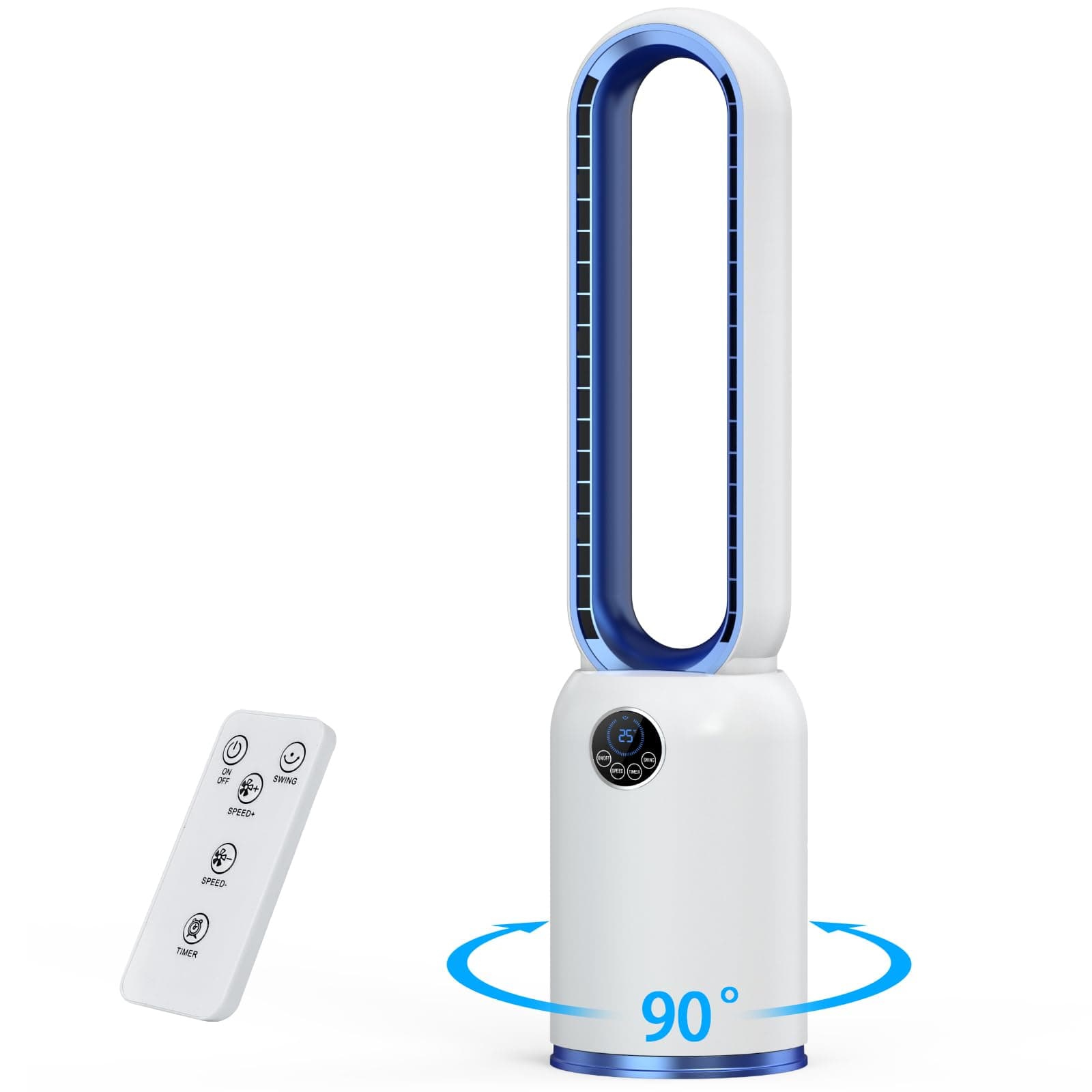 Teoryieer Ventilateur Colonne Silencieux, 90° Oscillation&24 Vitesses pour Ventilateur Sans Pale, Ventilateur Tour avec 12H Minuteries, Ventilateur Sans Lame avec Télécommande et Ecran Tactile (Bleu)