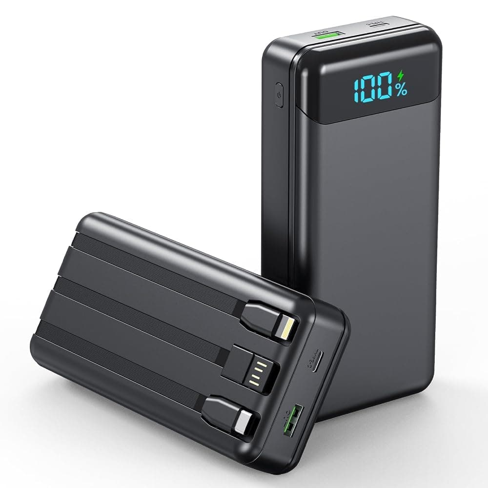 Enerwow Batterie Externe, 27000mAh Power Bank Charge Rapide Portable USB C Batterie avec 3 Câbles Intégrés, Powerbank avec Affichage LED, Compatible Les Séries iPhone Samsung iPad Pro etc(P300C/Noir)