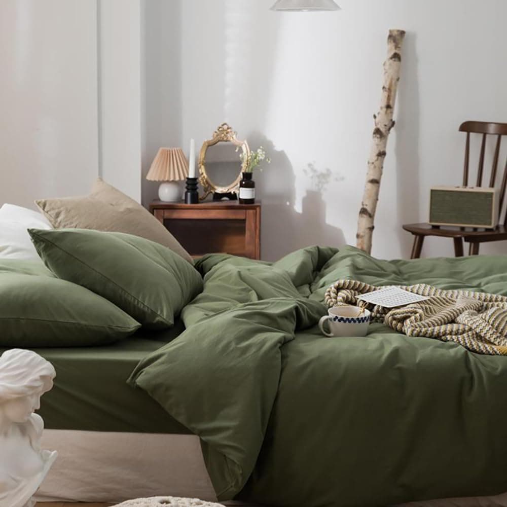 Michorinee Housse de Couette 220x240 + 2 Taie d'oreiller 65x65cm Vert Olive | Parure de Lit 220x240 Adulte, en Microfibre, Couleur Unie, 2 Personnes, Fermeture Éclair