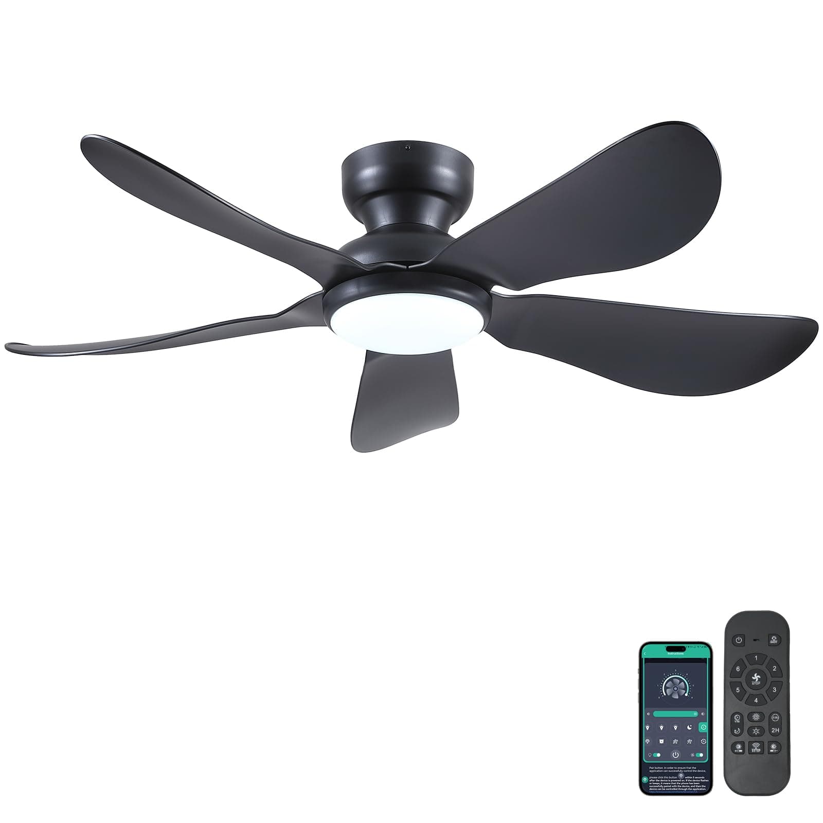 Ventilateur de plafond moderne 117 cm avec lumière, ventilateur encastrable avec télécommande et APP, 5 pales courbes réversibles 6 vitesses, 3 températures de couleur dimmables pour chambre, noir