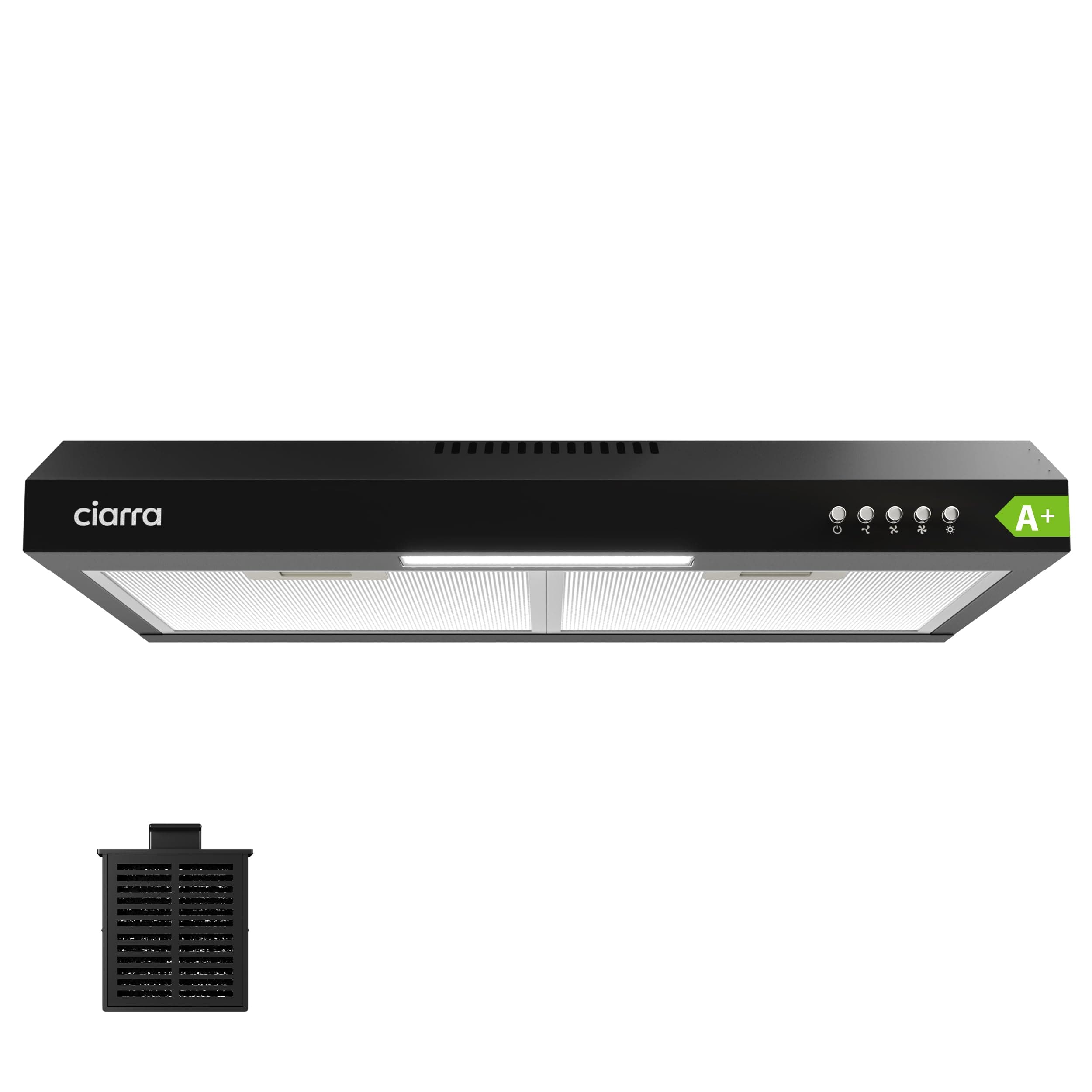 CIARRA A+ Cappa Sottopensile 60 cm con filtro a carbone CBCF009, Nero | 3 Velocità Ricircolo ed Espulsione, con Filtro Carbone CBCF009 Facile Installazione, LED