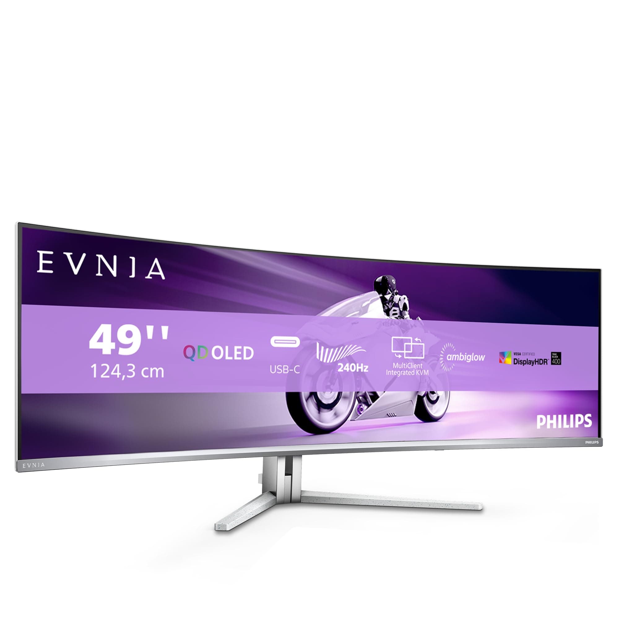 Philips Evnia 49M2C8900AM - Monitor Gaming Curvo QD OLED de 49 Pulgadas, 240 Hercios, 0.03ms GtG, HDR400, Ambiglow (5120x1440, HDMI 2.1, DisplayPort 1.4, USB-C, USB Hub) Blanco