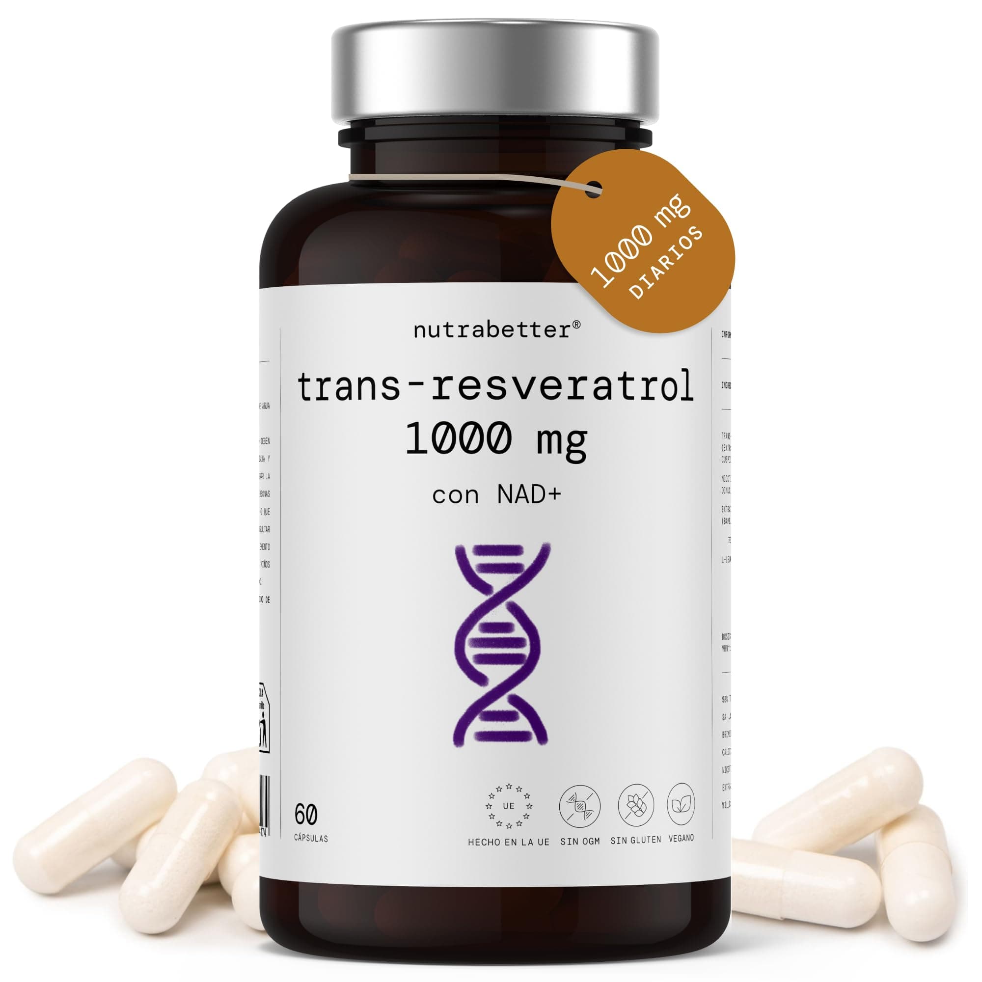 NAD Resveratrol puro 1000 mg | NAD Resveratol | NAD+ | Trans Resveratrol puro 1000 mg | Antiedad, Bienestar Cognitivo, Vitalidad Celular y Activador de Sirtuinas | 60 Cápsulas Veganas