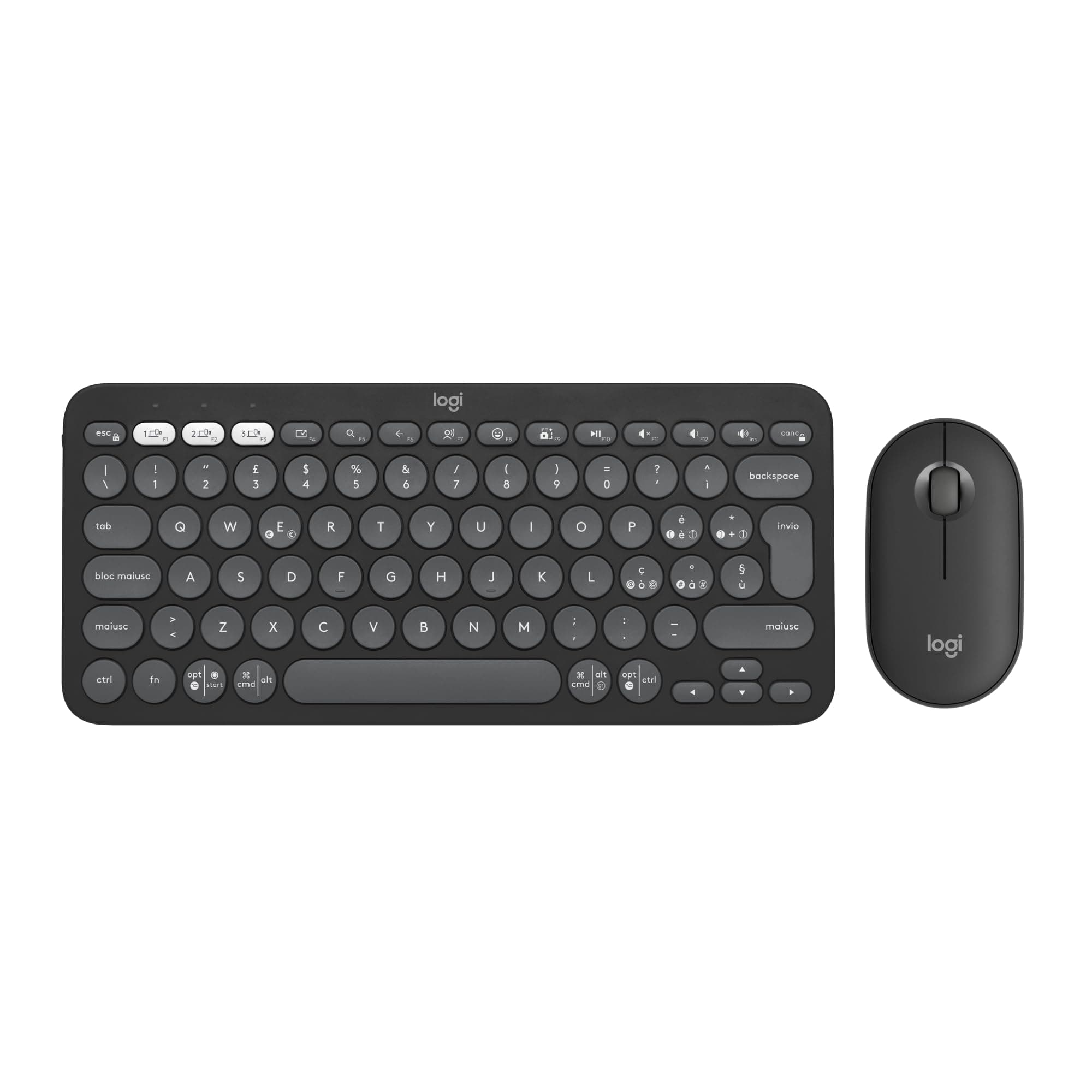 Logitech Pebble 2 Combo, kit tastiera e mouse wireless discreto, portatile e personalizzabile, Logi Bolt, Bluetooth, Easy-Switch per Windows, macOS, iPadOS, Chrome, Layout Italiano QWERTY - Grafite