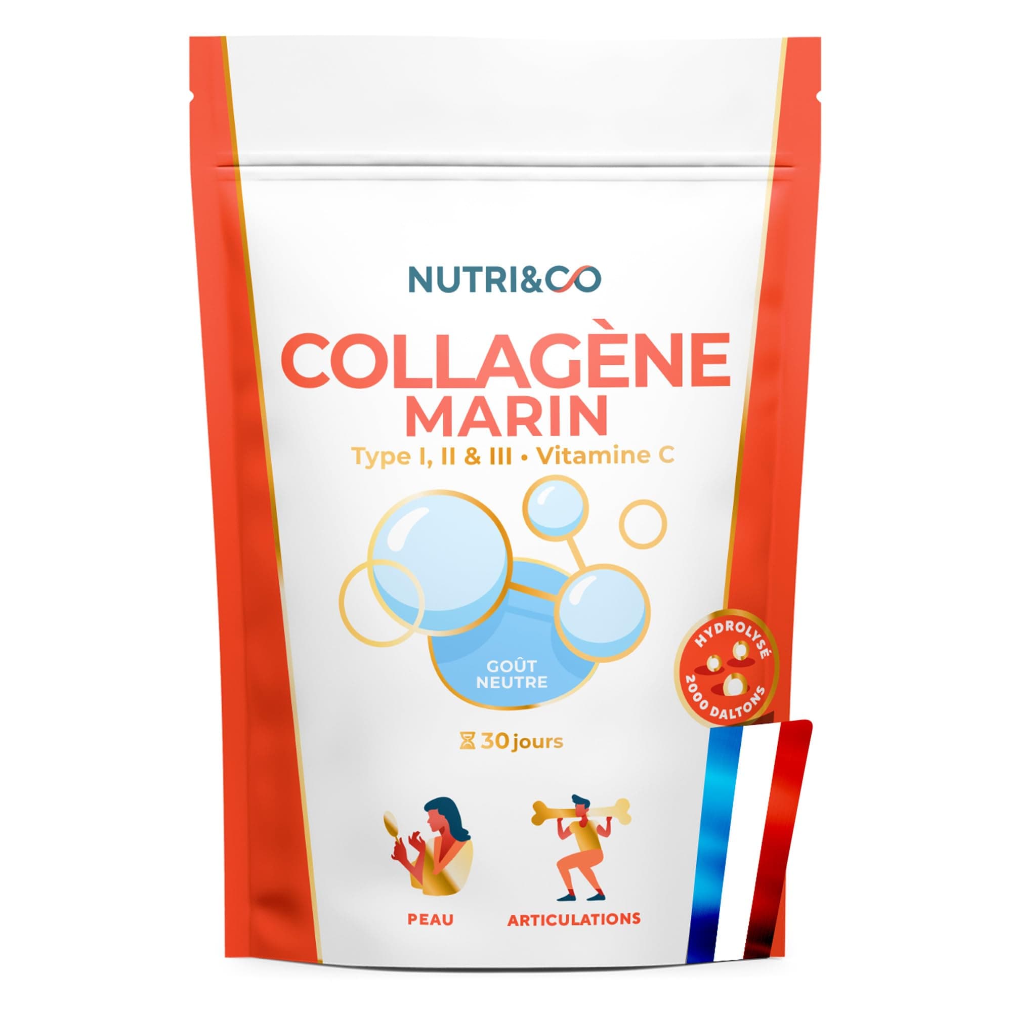 NUTRI&CO Collagène Marin Type 1, 2 et 3 & Vitamine C | Goût Neutre | 30 jrs | Breveté Naticol® & Cartydiss® | Peptides Hydrolysés 2000 DA | 180g | Fabriqué en France