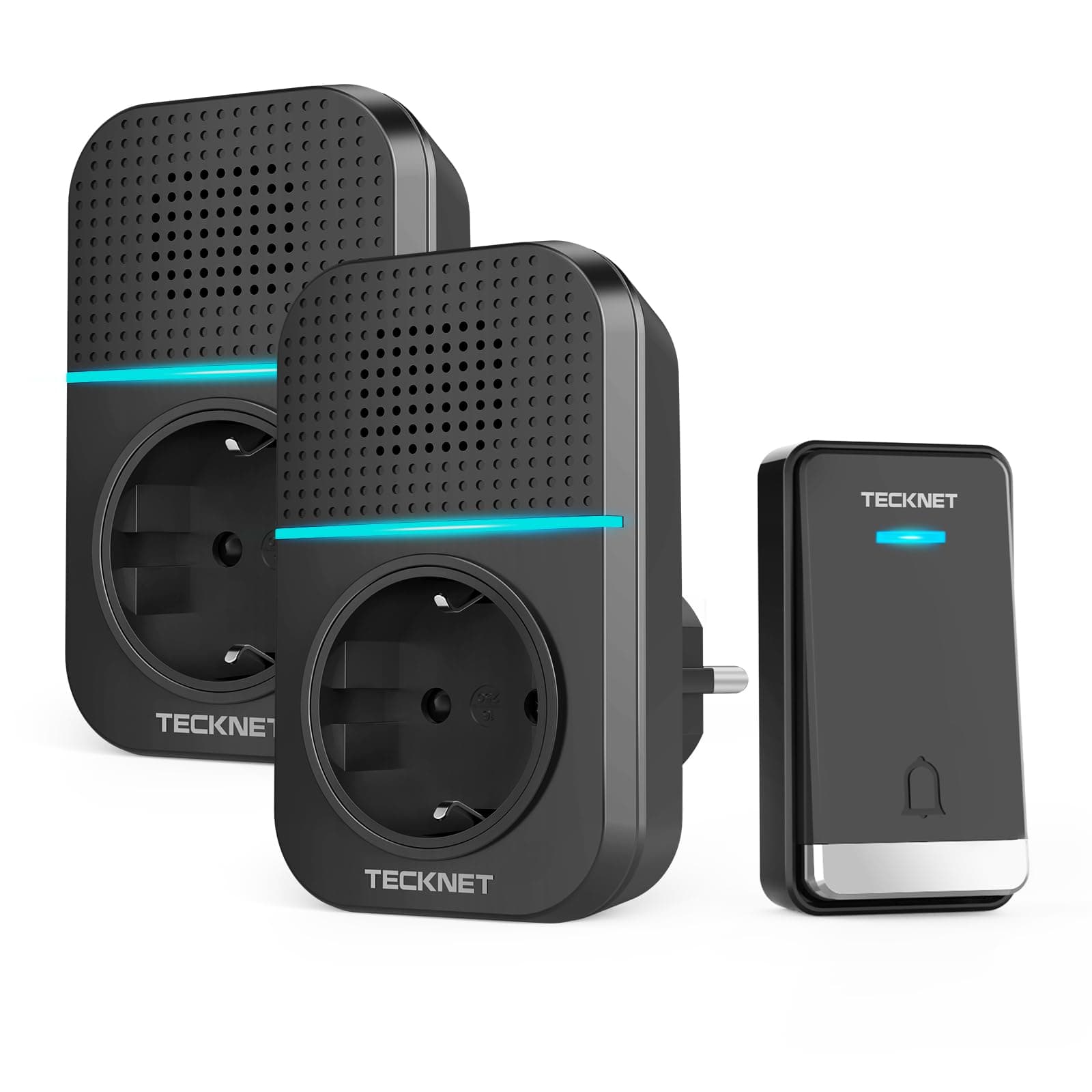 TECKNET Timbre Inalámbrico Exterior Impermeable con Enchufe, 2 Receptor | 400M, Autoalimentado sin Pilas, IP65, Indicadores LED, 60 Melodías Rango, 5 Niveles de Volumen (0-110dB)