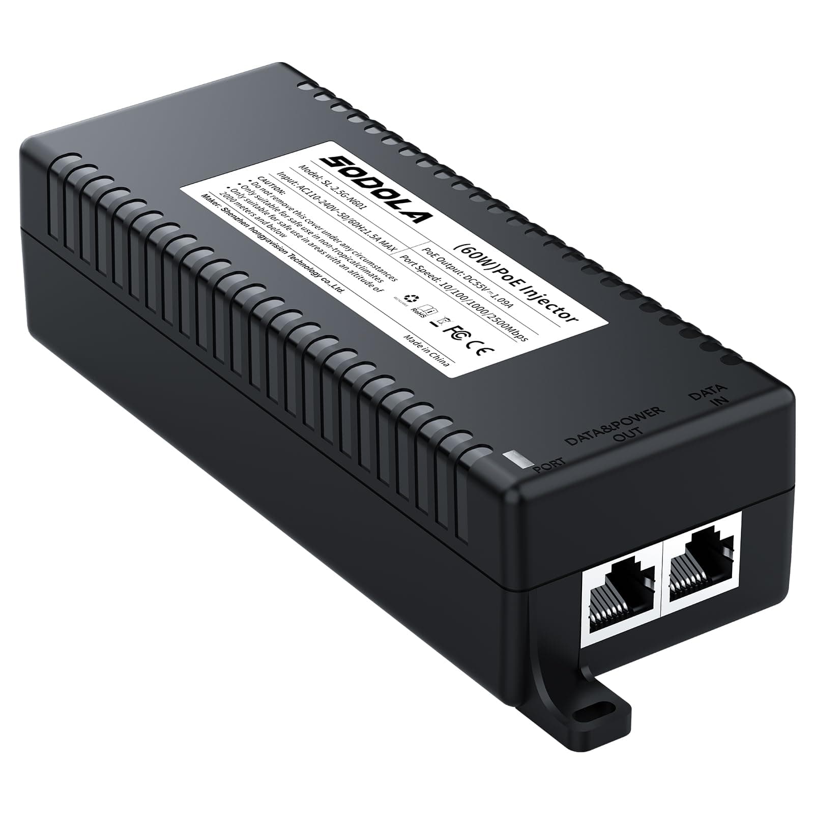 Sodola Injecteur PoE 2,5 Gigabit, Adaptateur Non PoE vers PoE 100/1000/2500 Mbps, fournit PoE (15,4 W) ou PoE+(30 W), PoE++(60 W), Plug & Play, Montage sur Bureau/Mural, Distance jusqu'à 100 mètres