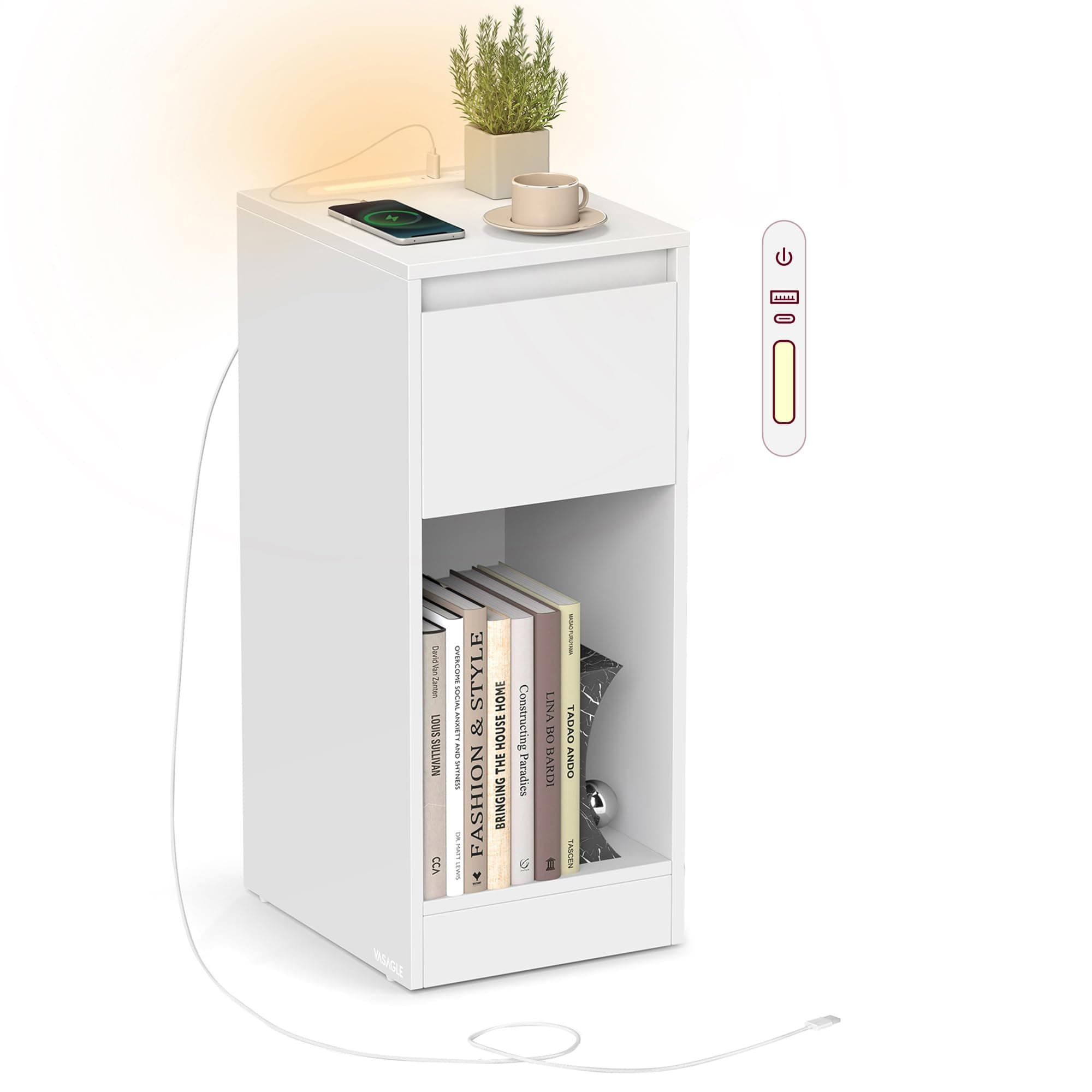 VASAGLE Comodino Stretto, Tavolino, con Illuminazione LED, 1 Porta USB-A, 1 Porta USB-C, Cassetto e Scomparto Aperto, per Camera da Letto, Soggiorno, Bianco Nuvola LET610W01