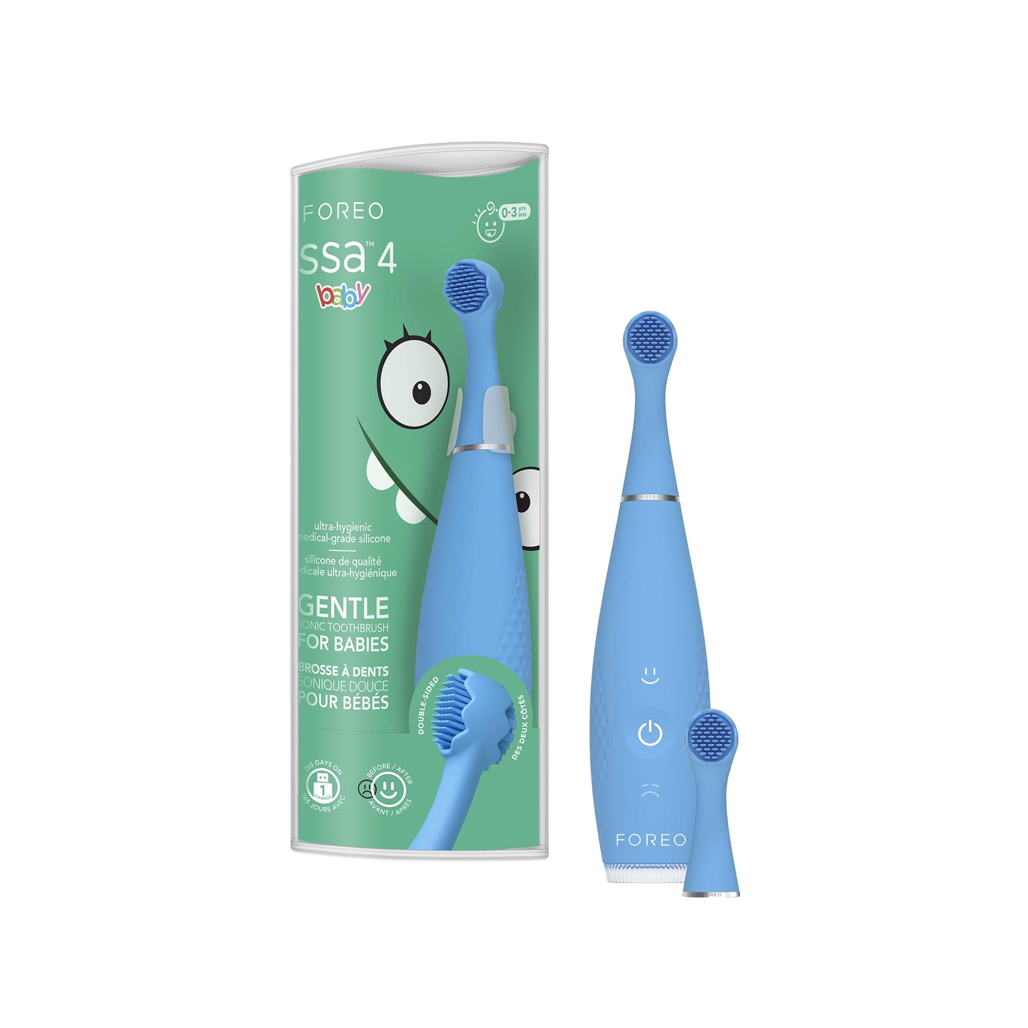 FOREO ISSA 4 Baby – Cepillo de dientes sónico de silicona para bebés y niños pequeños, cerdas ultrasuaves, masaje encías, temporizador LED, recargable USB, cepillo viaje impermeable - Bubble Blue