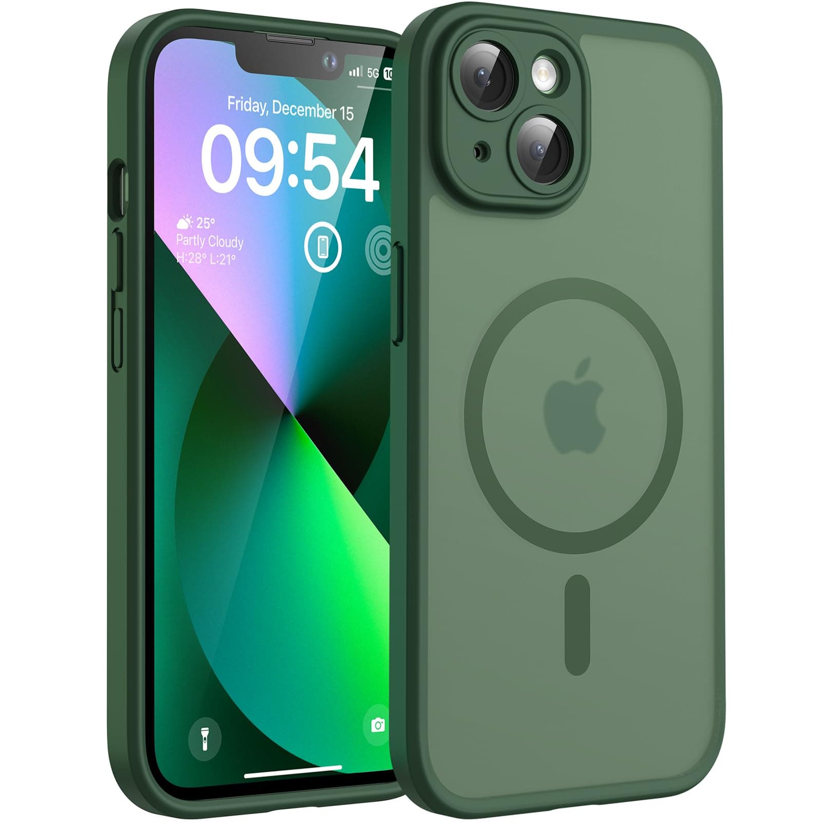 TOCOL Coque Magnétique pour iPhone 13 6,1 Pouces, Compatible avec MagSafe, Protection de l'objectif améliorée, Coque Mat Translucide Fine Antichoc, Vert Alpin