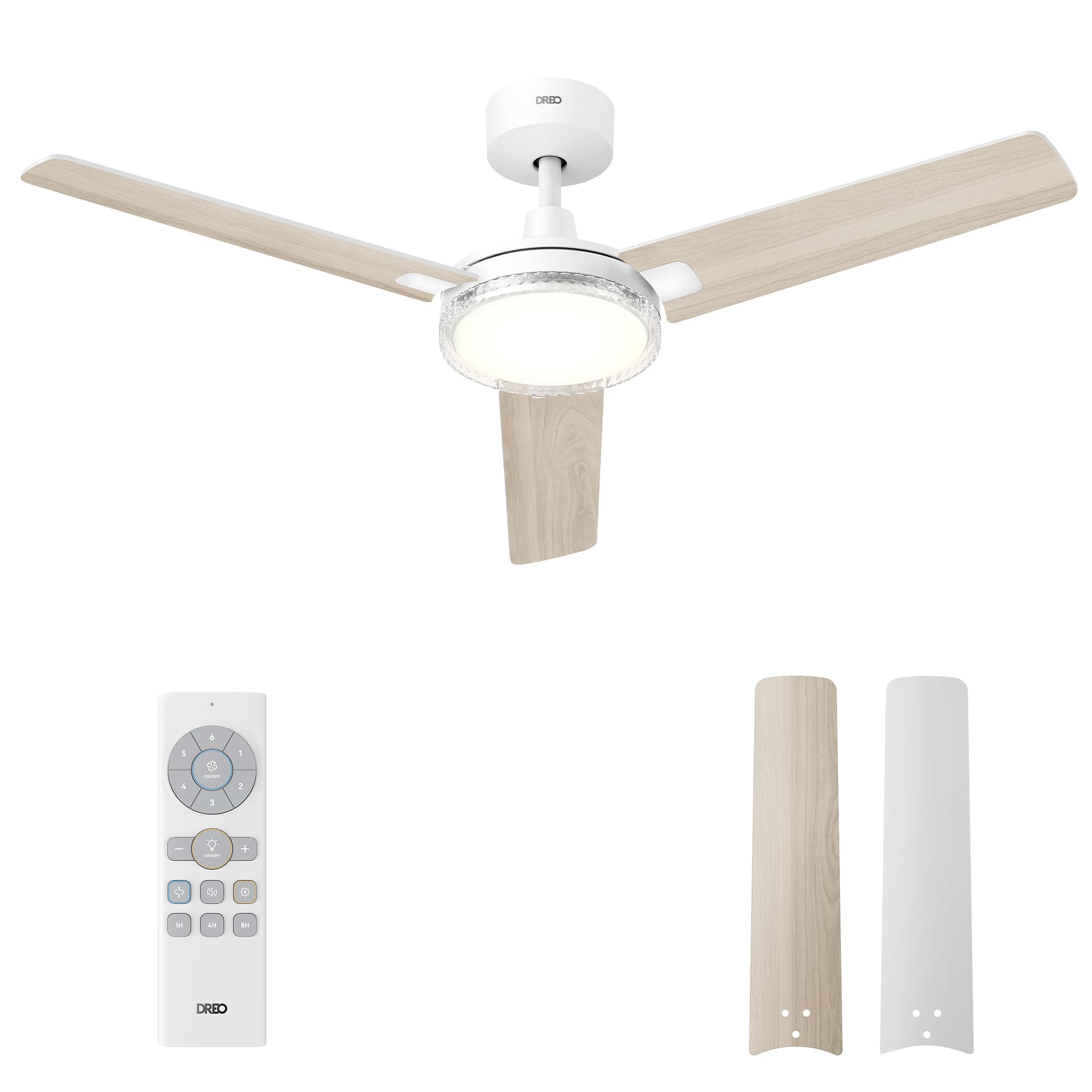 DREO ventilateur de plafond avec lumière et télécommande 132 cm, ventilateur blanc, 5 températures de couleur CCT, LED dimmable 6 niveaux, 6 vitesses, moteur CC réversible silencieux, minuterie 1/4/8h