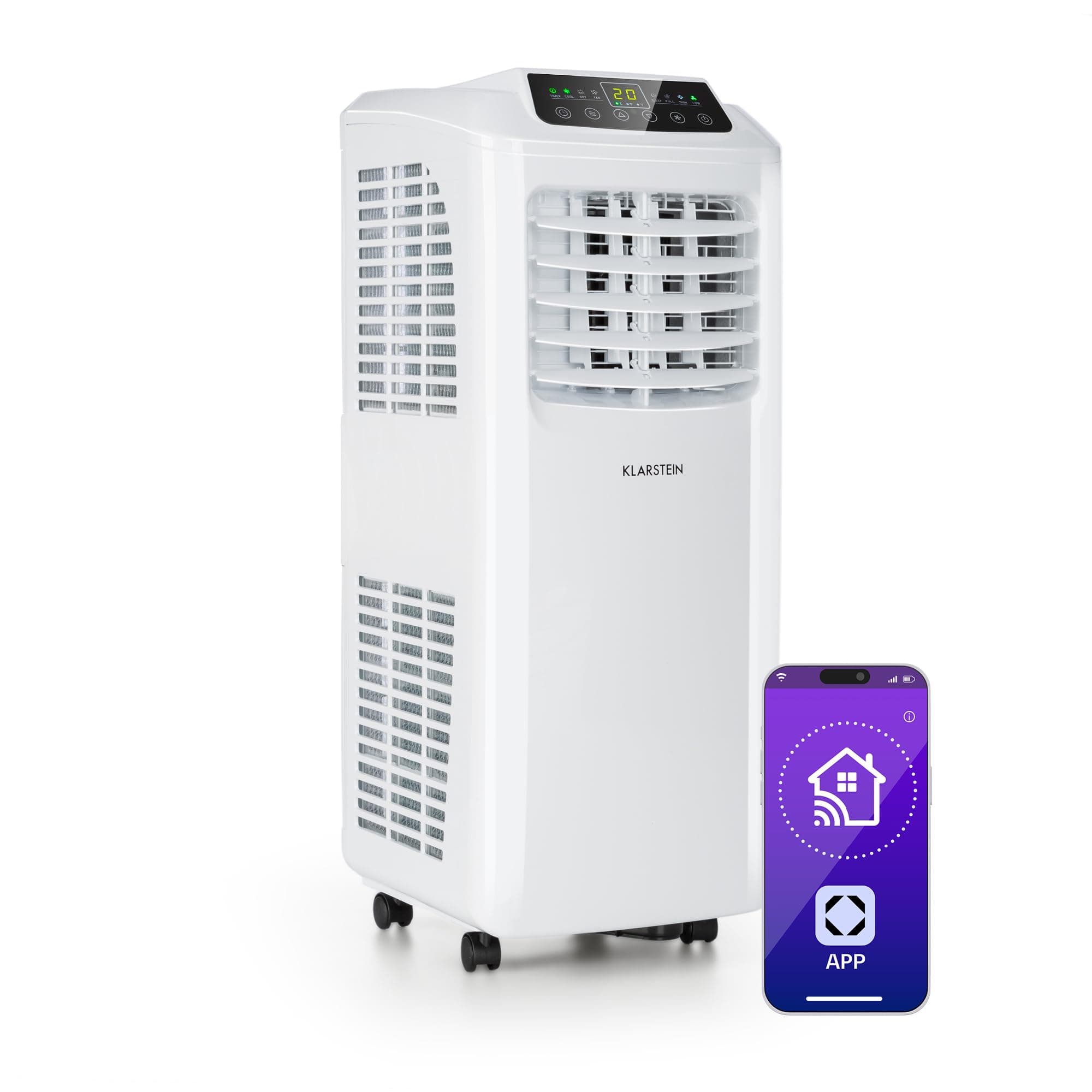 Klarstein Climatiseur Mobile Silencieux, Smart Climatiseur 3 en 1, Mode Nuit, Déshumidificateur, Ventilateur, Mini Climatisation à Faible Conso, Evacuation, Clim Portable, 9000 BTU, Climatiseurs