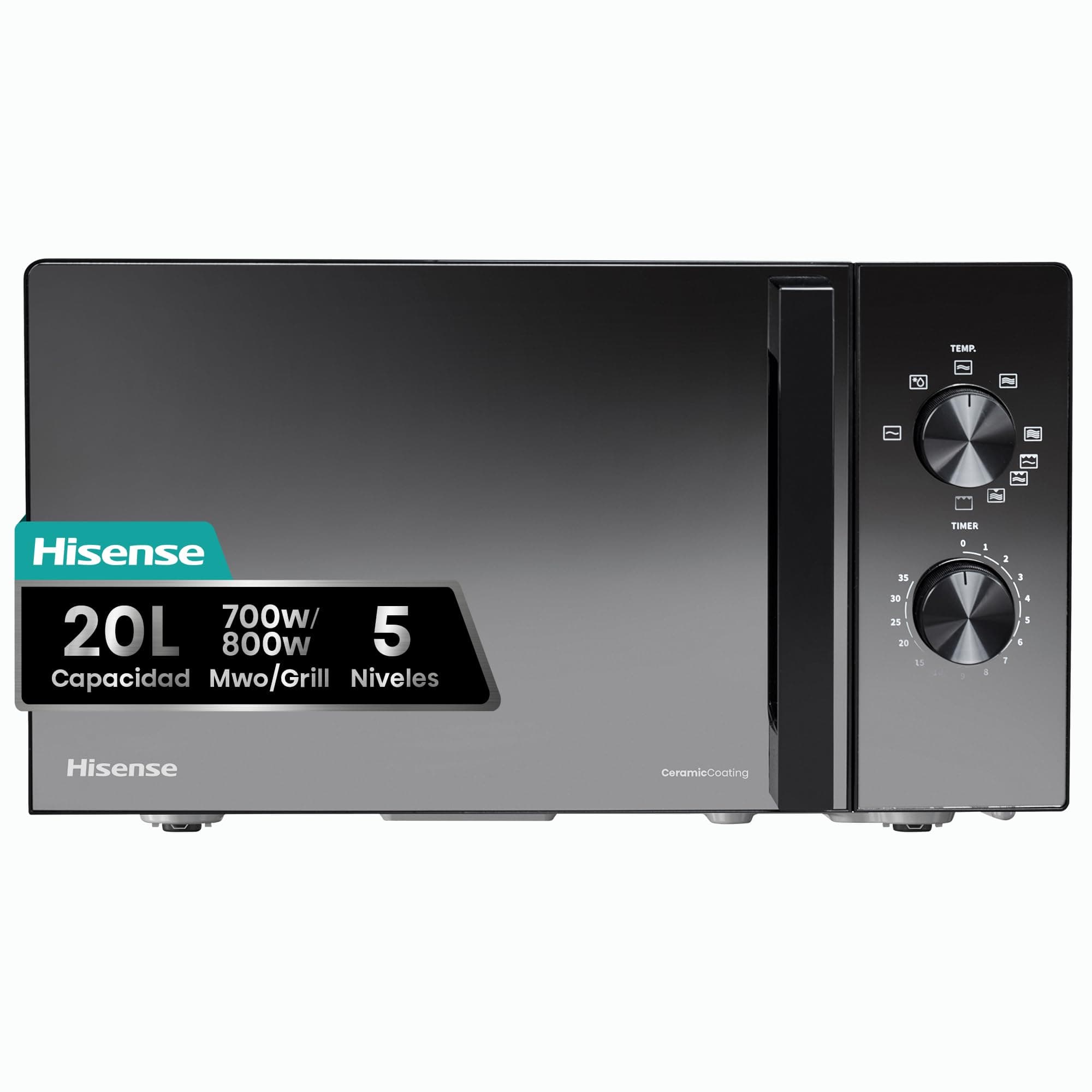 Hisense H20MOMBP1HG - Microondas con Grill 800W, 20L, Alto 32.6cm x Ancho 45.5cm, Color Negro, Potencia del Grill: 800 W, Revestimiento Cerámico, Cristal Premium, 5 Niveles de Potencia