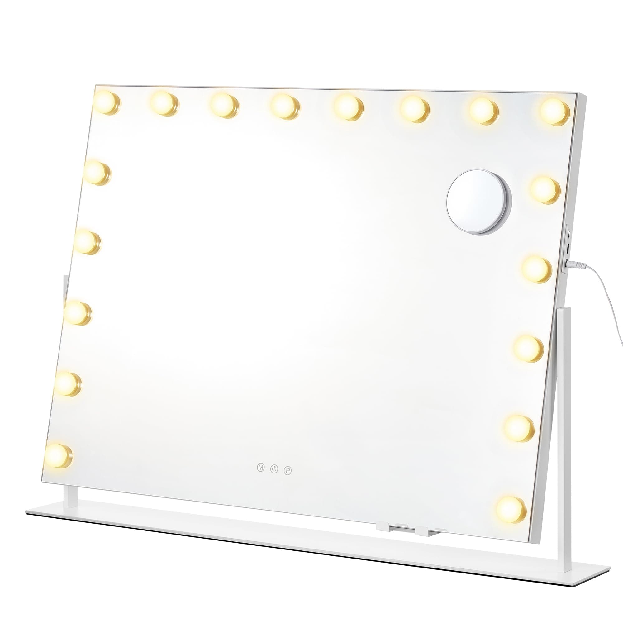 SONGMICS Espejo de Maquillaje con Luz, Control Táctil, 18 Bombillas LED Regulables, Puertos de Carga, 3 Temperaturas Color, Soporte Teléfono, 80 x 60 cm, Blanco Mate LWM003WC02