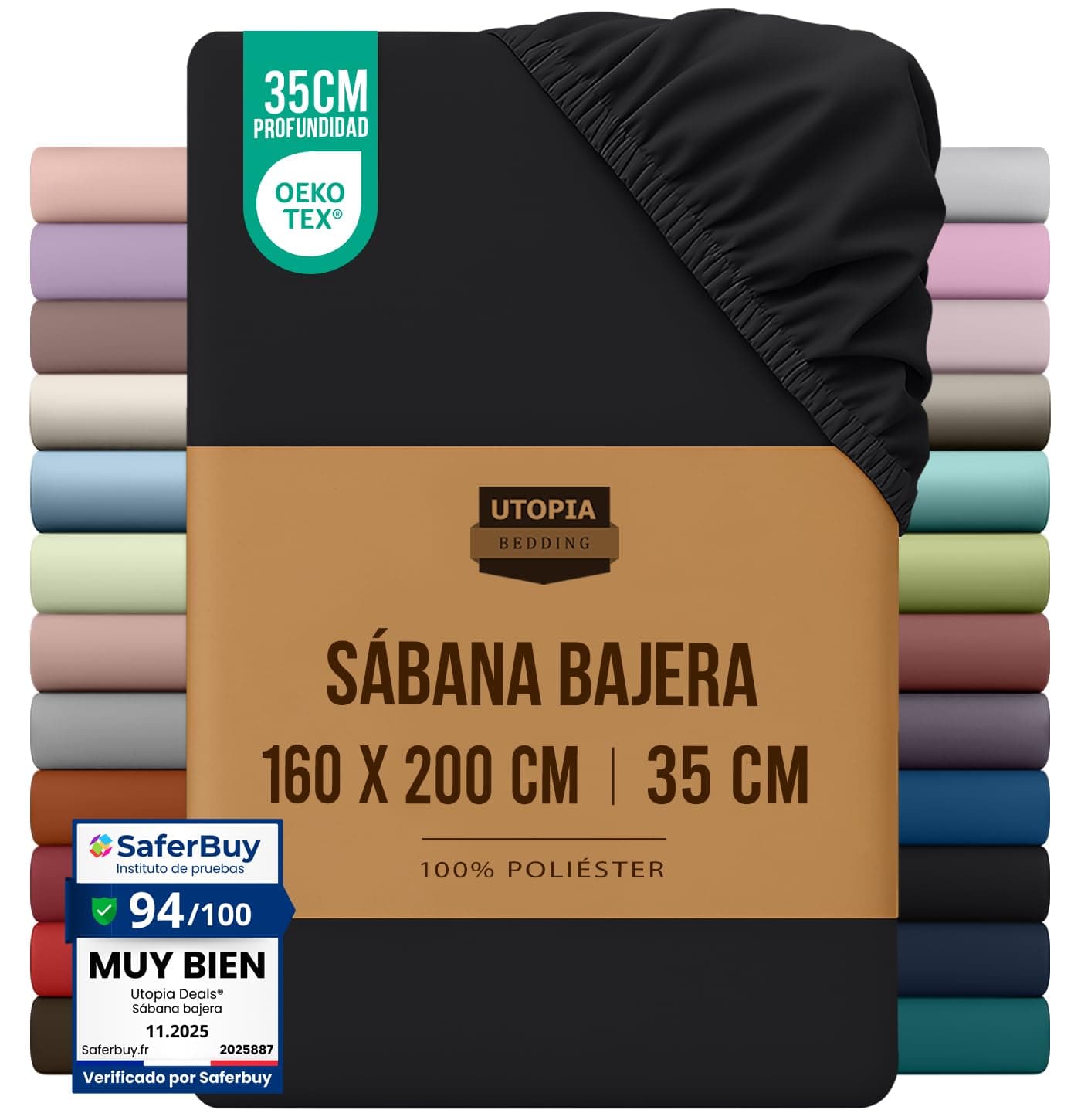 Utopia Bedding Sabana Bajera 160x200 - Negro- Certificado Oeko Tex - Bolsillo Profundo - Microfibra Cepillada (Cama 160)
