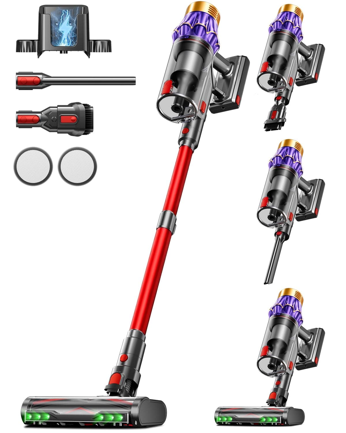 AIBIRTH Aspiradora sin Cable 55Kpa/650W/70Mins, Escoba Aspiradora de 1.8L, Sistema de Filtración de 8 Etapas,Autoportante, Adecuada para Pelo de Mascotas, Luz Verde Alfombras y Suelos de Madera