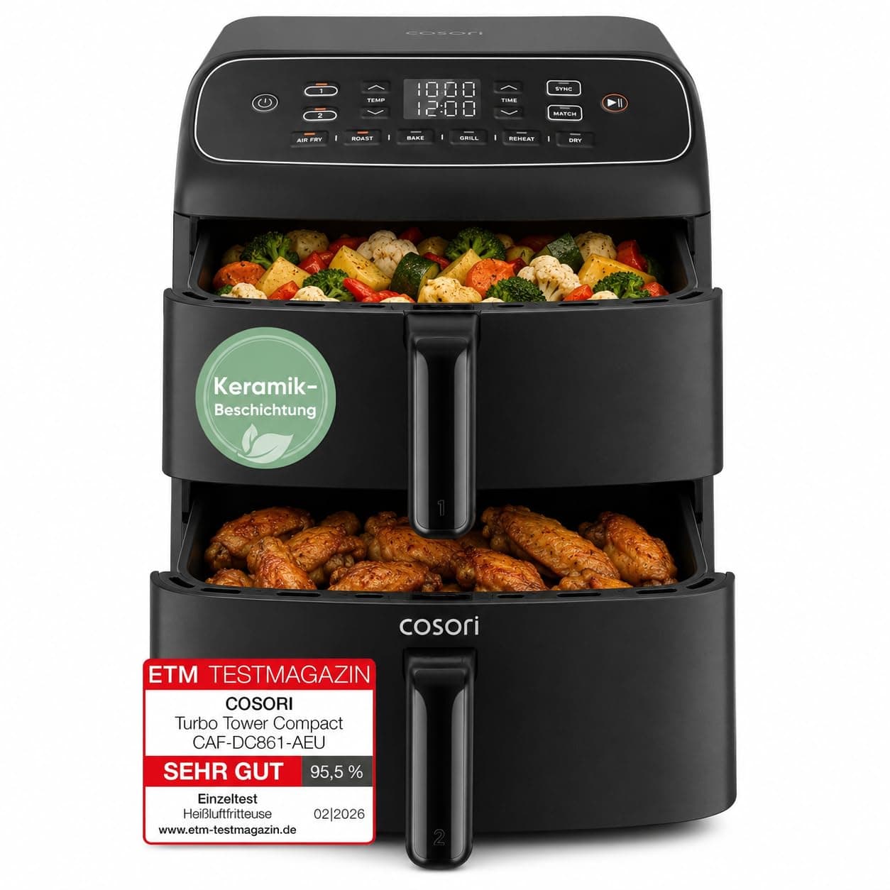 COSORI Airfryer | Turbo Tower Compact | Heißluftfritteuse 2 Kammern Keramikbeschichtung | 8,6L Double Stack mit mehreren Lüfterstufen | 2700W| Schwarz | DC861