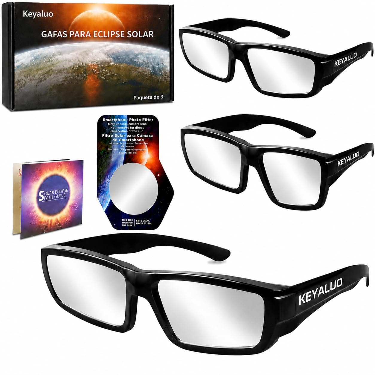 Keyaluo 3/6 Gafas Eclipse Solar Homologadas,Certificado EN ISO 12312-2:2015(E) y CE,Aprobado por la AAS 2026,Plástico Duradero Para Visión Directa del Sol