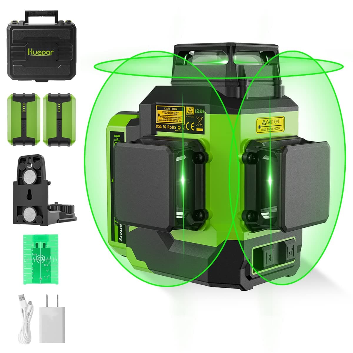 Huepar 3 x 360 nivel laser autonivelante verde 3D Herramienta láser de nivelación y alineación de tres planos, 2 baterías de litio con cable de Type-C y soporte magnético, estuche rígido-LS03CG