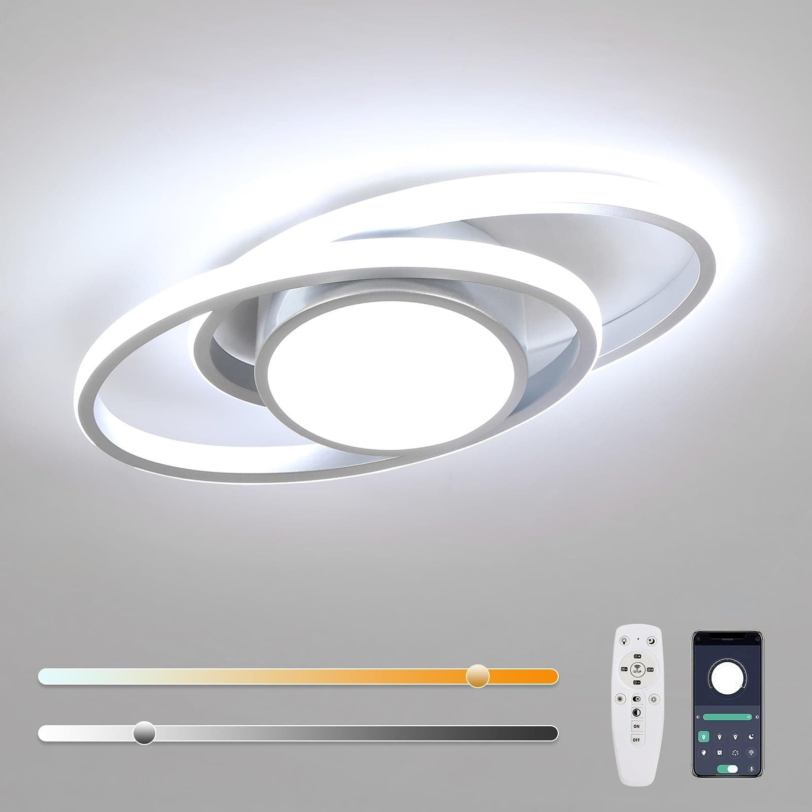 Mckalen Plafoniera LED Soffitto Dimmerabile, 39W 4387LM Lampada da Soffitto Argenteo con Telecomando/APP 3000K-6500K, Moderno Plafoniara LED Ovale per Soggiorno Camera da Letto Cucina, 38.5CM 