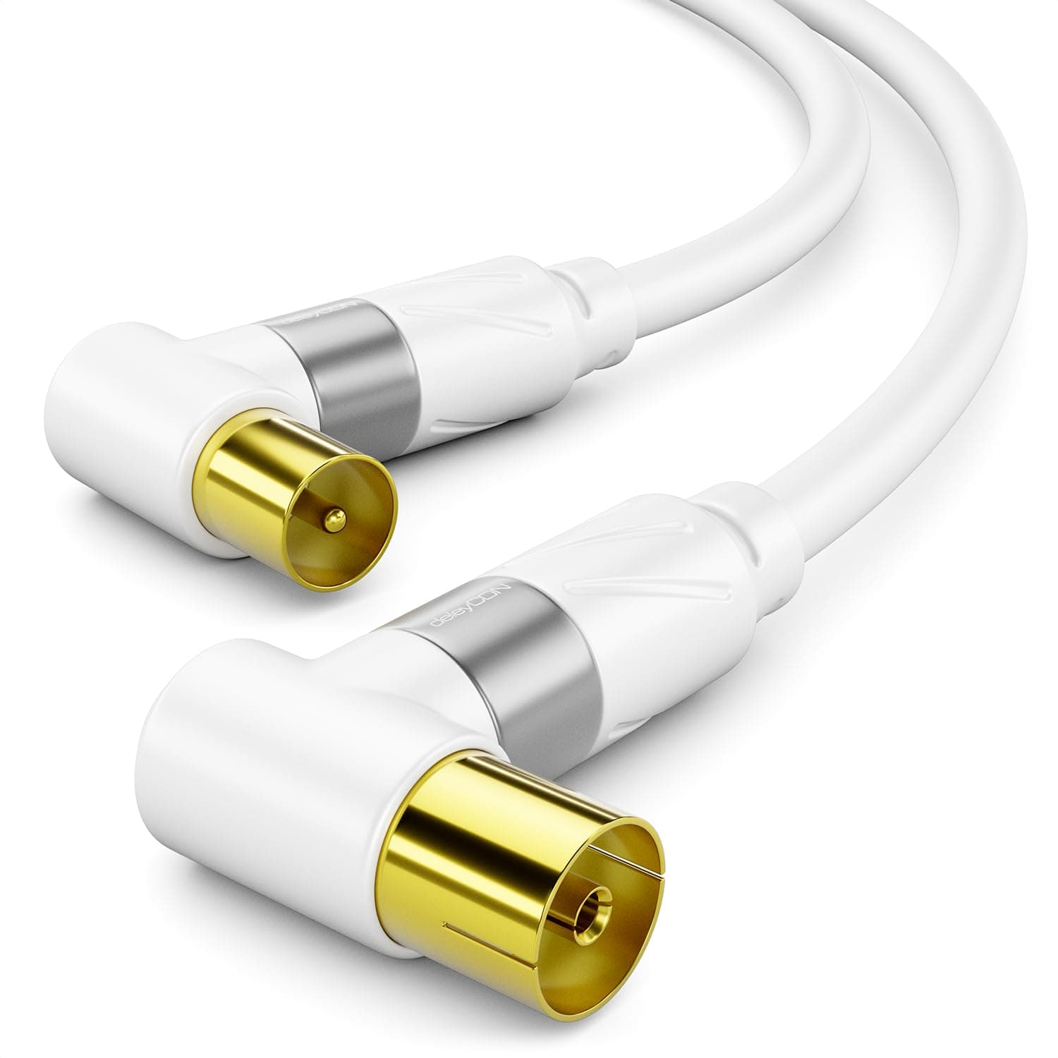 deleyCON 15m 4K Cable de Antena TV 2x Acodado - Cable Coaxial IEC - Blanco | HDTV, cable de televisión, cuádruple blindaje, macho a hembra, DVB-C, DVB-S, DVB-T, DVB-T2, radio DAB