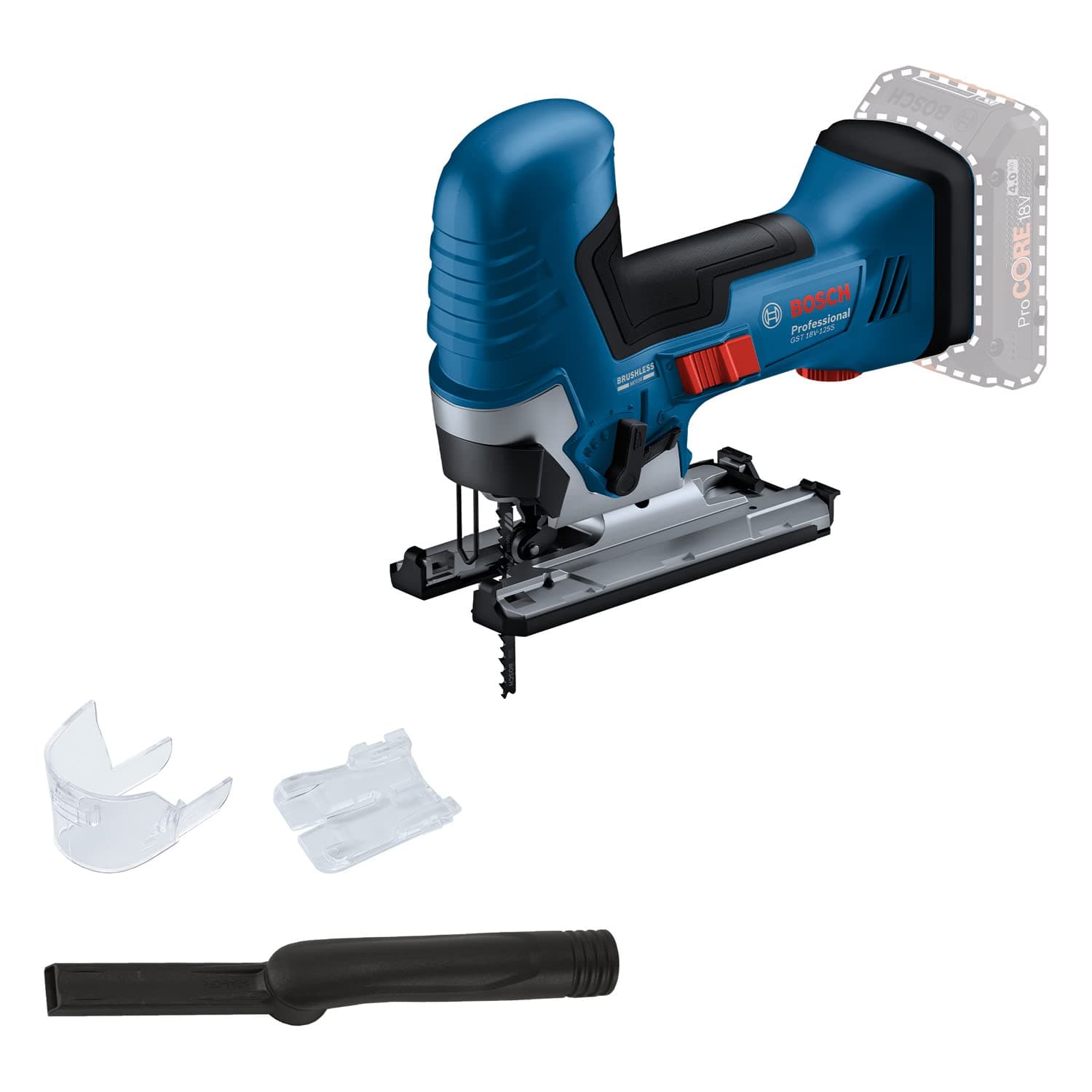 Bosch PRO 18V System Akku Stichsäge GST 18V-125 S (ideal für Kurven- und Abschnitte, SDS-Sägeblatthalter, inkl. 1x Stichsägeblatt, Absaug-Set)
