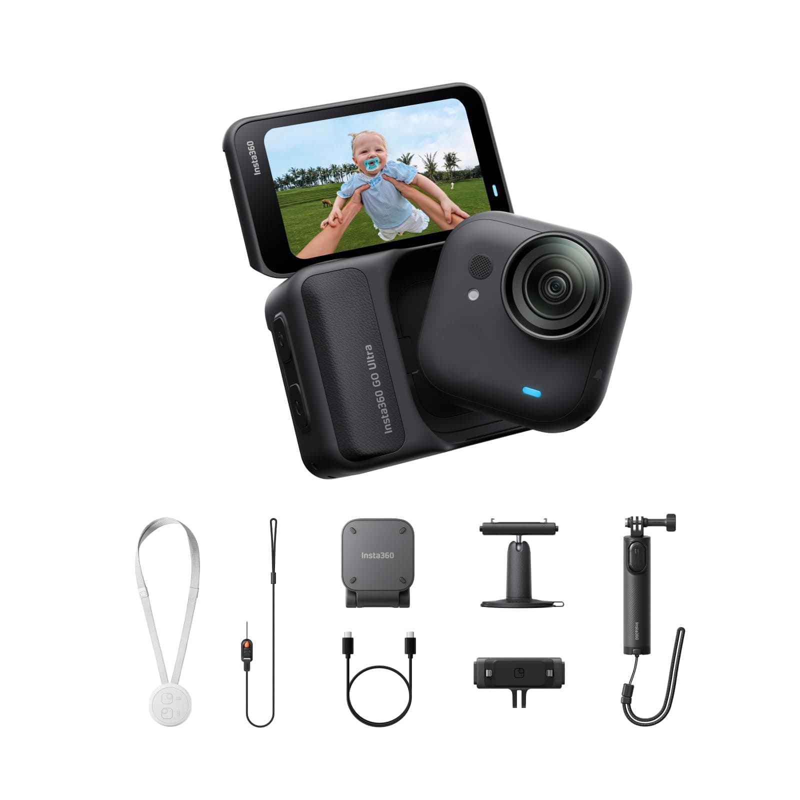 Insta360 GO Ultra Paquete de creador Negro-Pequeña cámara vlog 4K, Manos Libres, cámara POV, Sensor de 1/1,28", Peso de 53 g, 156° FOV, batería 200min, cámara de acción portátil para Deportes