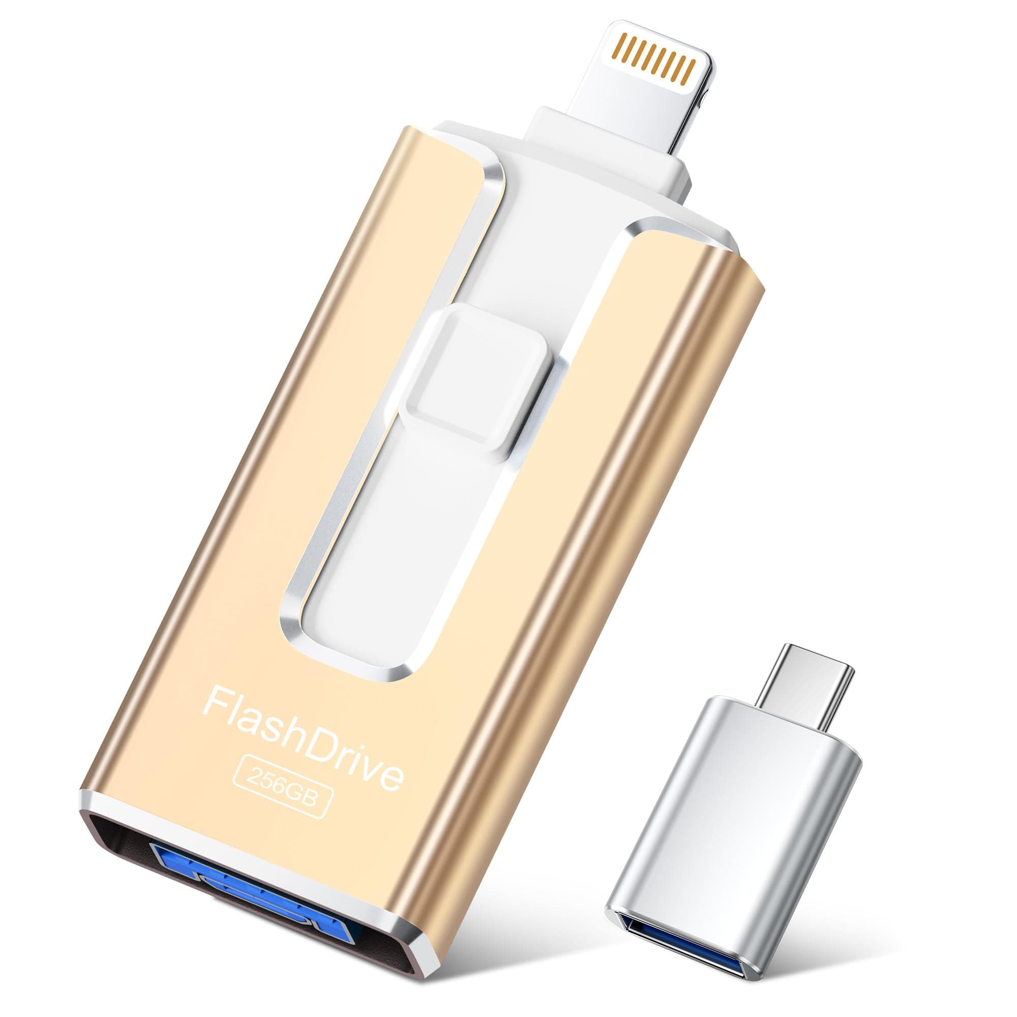 SUDEHO Cle USB 256 Go, Clé USB iPhone MFI Certifié, 4 en 1 Clef pour iPhone/Android/Type C et PC, Cle USB C Photo Stick Mémoire Externe pour Stockage Photos, Vidéos, Fichiers(Or)