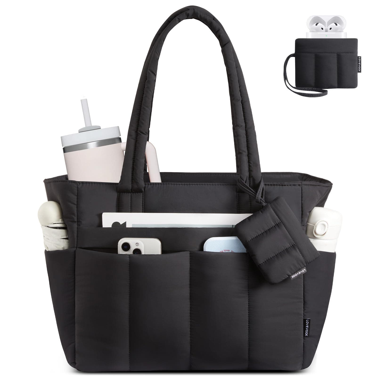 LOVEVOOK Shopper Tasche Damen Handtasche Groß, Leicht Arbeitstasche Puffer Tote Bag mit Vielen Fächern, 15,6 Zoll Laptoptasche Schultasche Lehrertasche, Schultertasche für Arbeit Büro Uni Reise