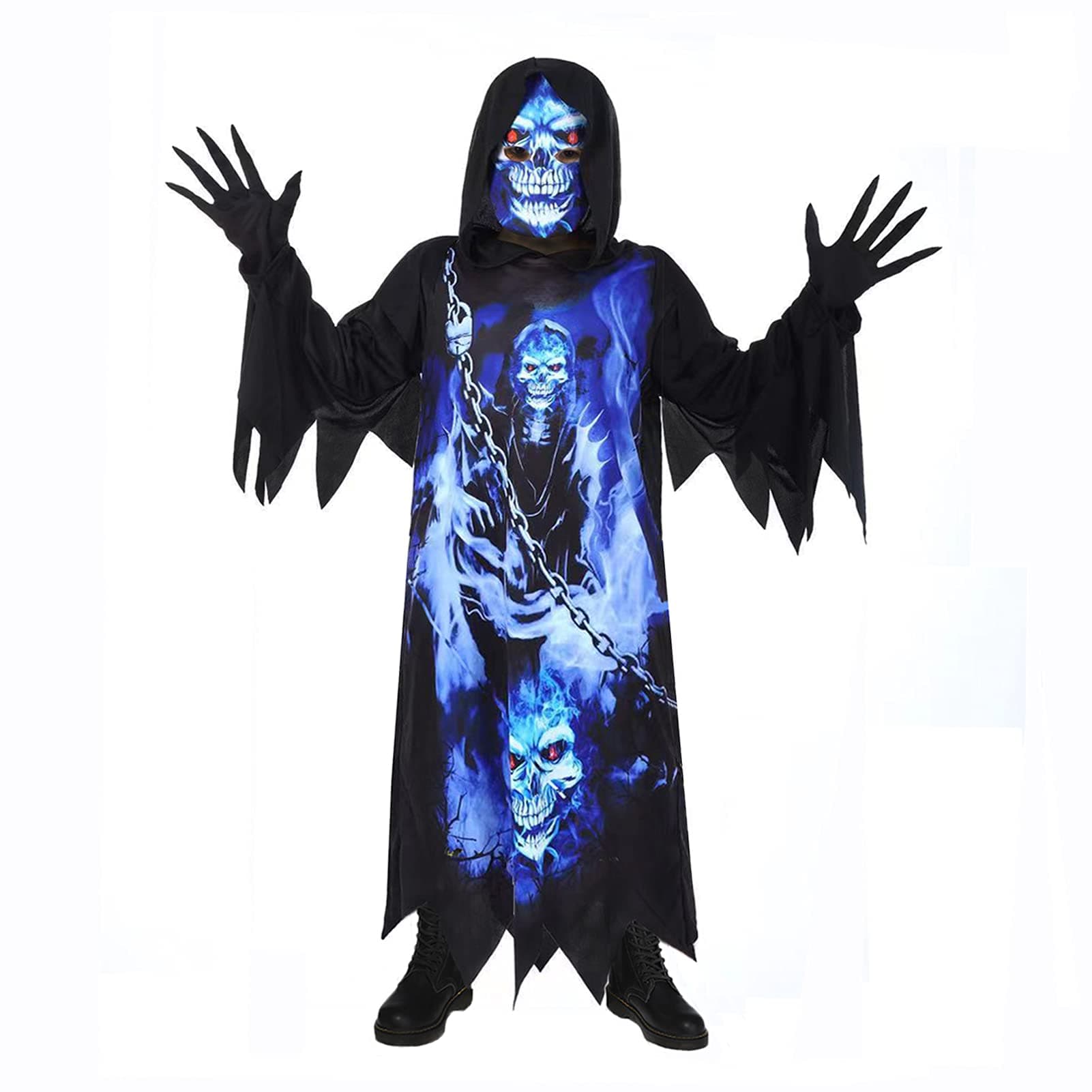 Sincere Party Costume de faucheuse pour enfants, fantôme des ténèbres, robe noire effrayante avec gants effrayants, masque imprimé.