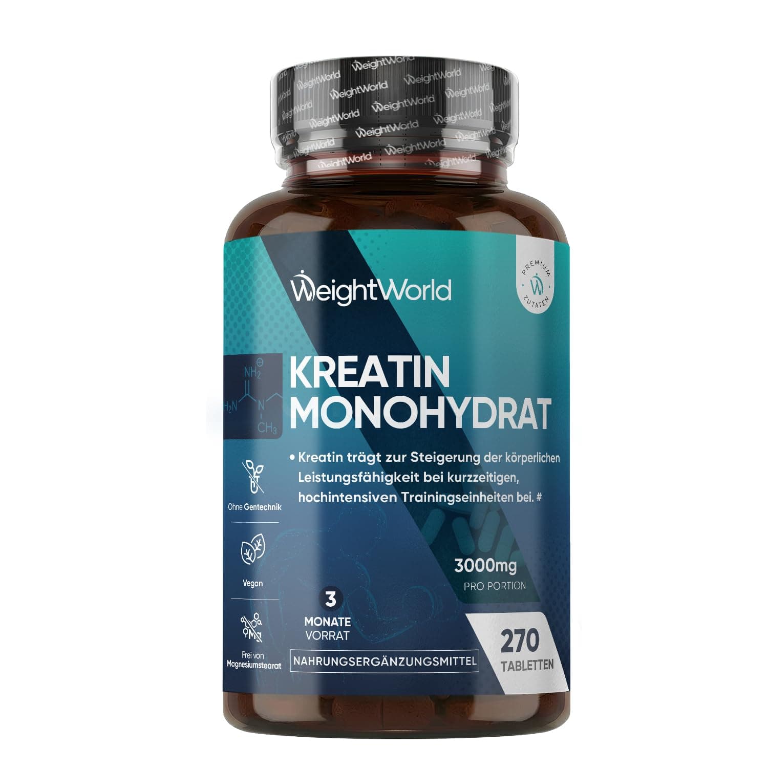 WeightWorld Creatin Monohydrat Tabletten - 3000mg pro Portion für 3 Monate | 270 Kreatin Vegan Tablets, Laborgeprüft, 3 Kreatin Monohydrat Tabletten pro Tag, Glutenfrei