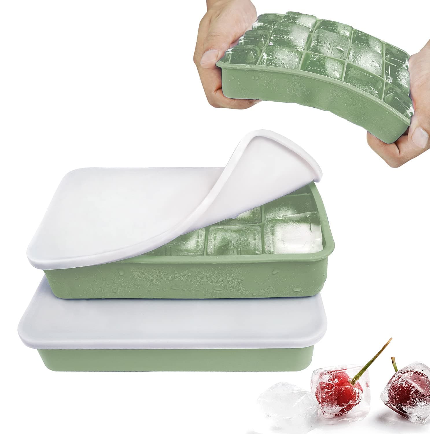 Lot de 2 Bac à Glaçons en Silicone Empilable avec Couvercle, Format 15 Cavités Carré, Facile à Démouler, Réutilisable, Certifié LFGB et sans BPA, Vert