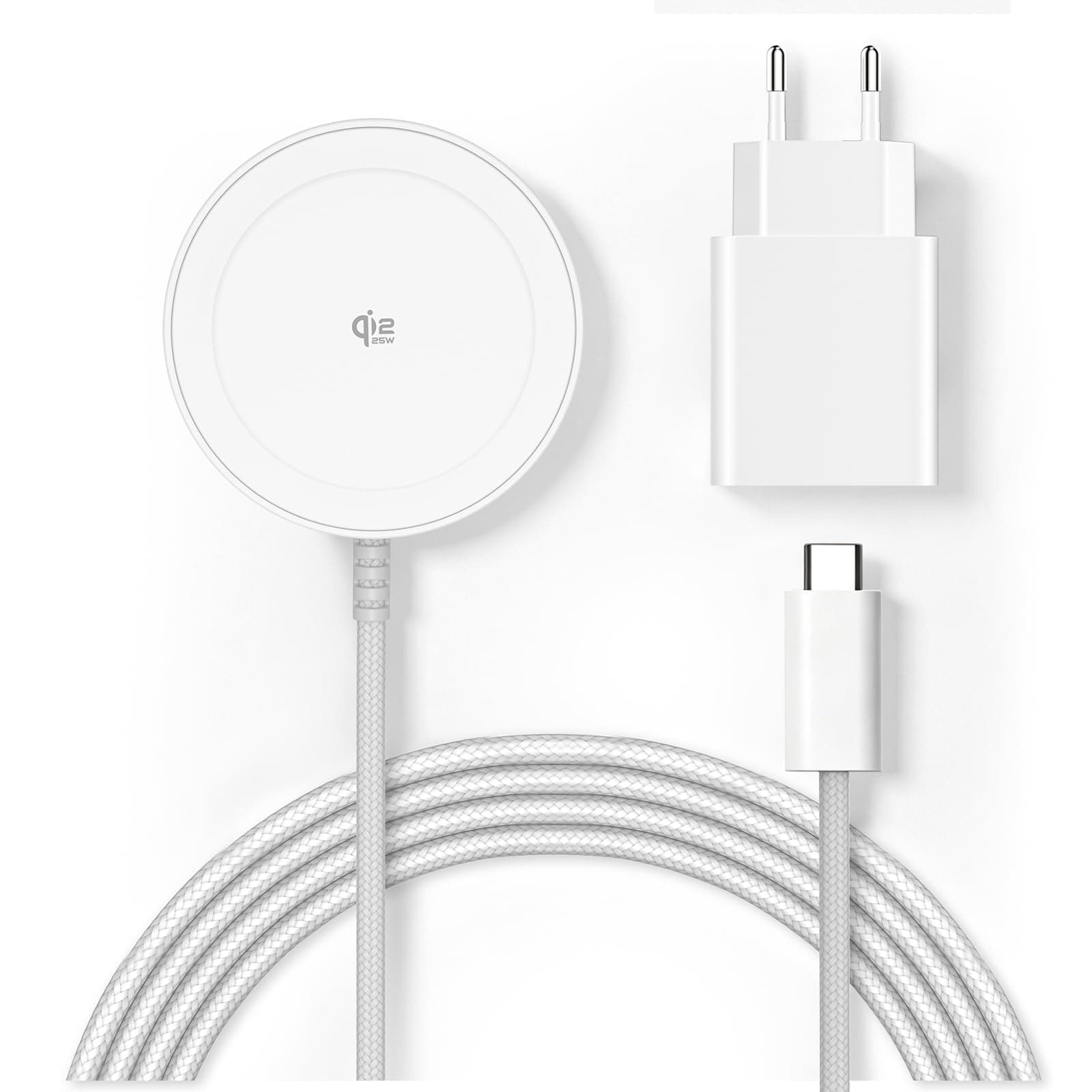 Chargeur sans Fil magnétique Qi2 25 W, Pad de Charge avec câble 1,5 m Compatible Mag-Safe pour iPhone 17e/Air/17/16/15/14/13/12, AirPods 4/3/2/Pro, série Pixel 10 et Plus (avec Adaptateur 30 W)-Blanc