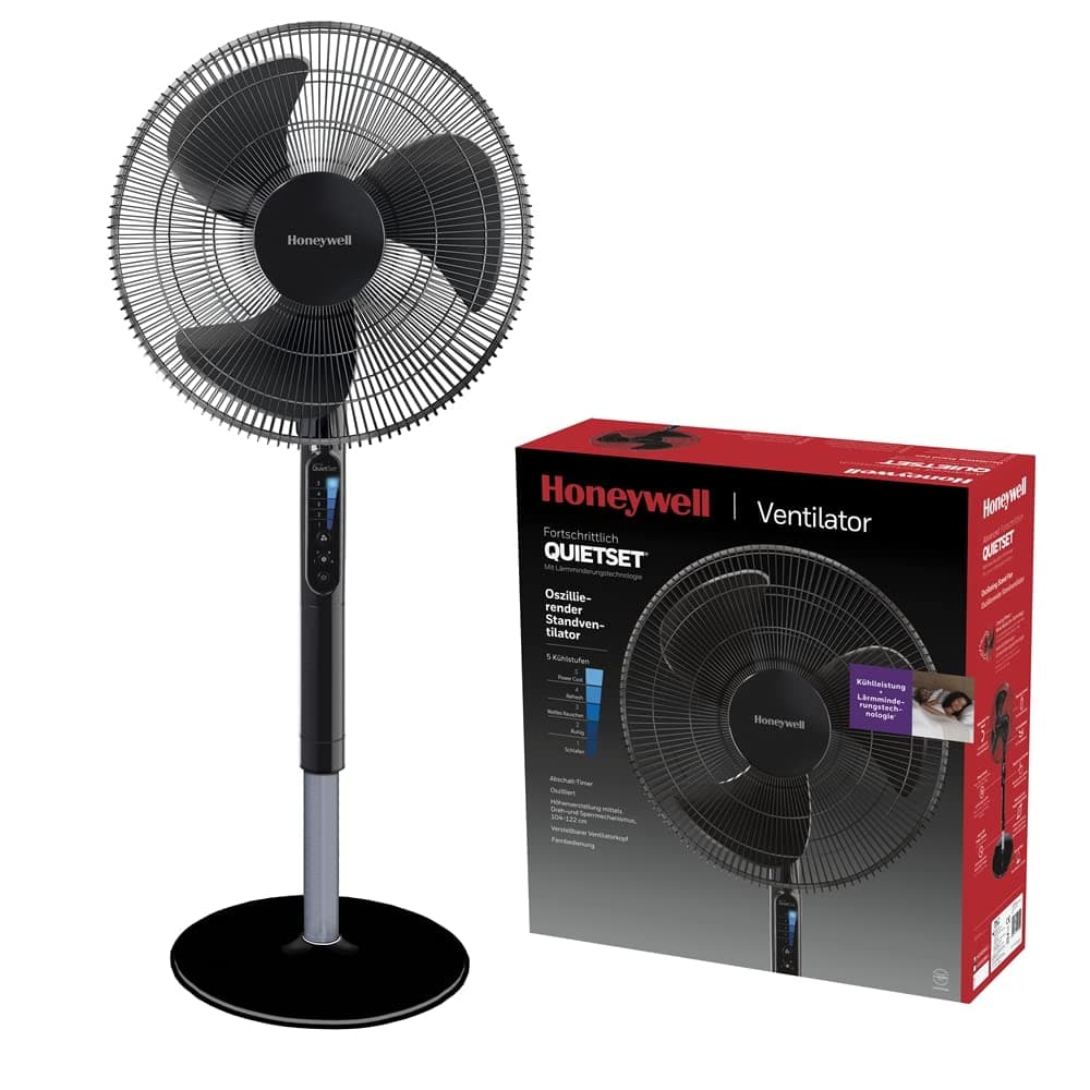 Honeywell Ventilateur oscillant sur pied Advanced QuietSet® (5 vitesses, fonction minuterie, oscillation à 70 °, hauteur réglable, télécommande, pratique) HSF600B