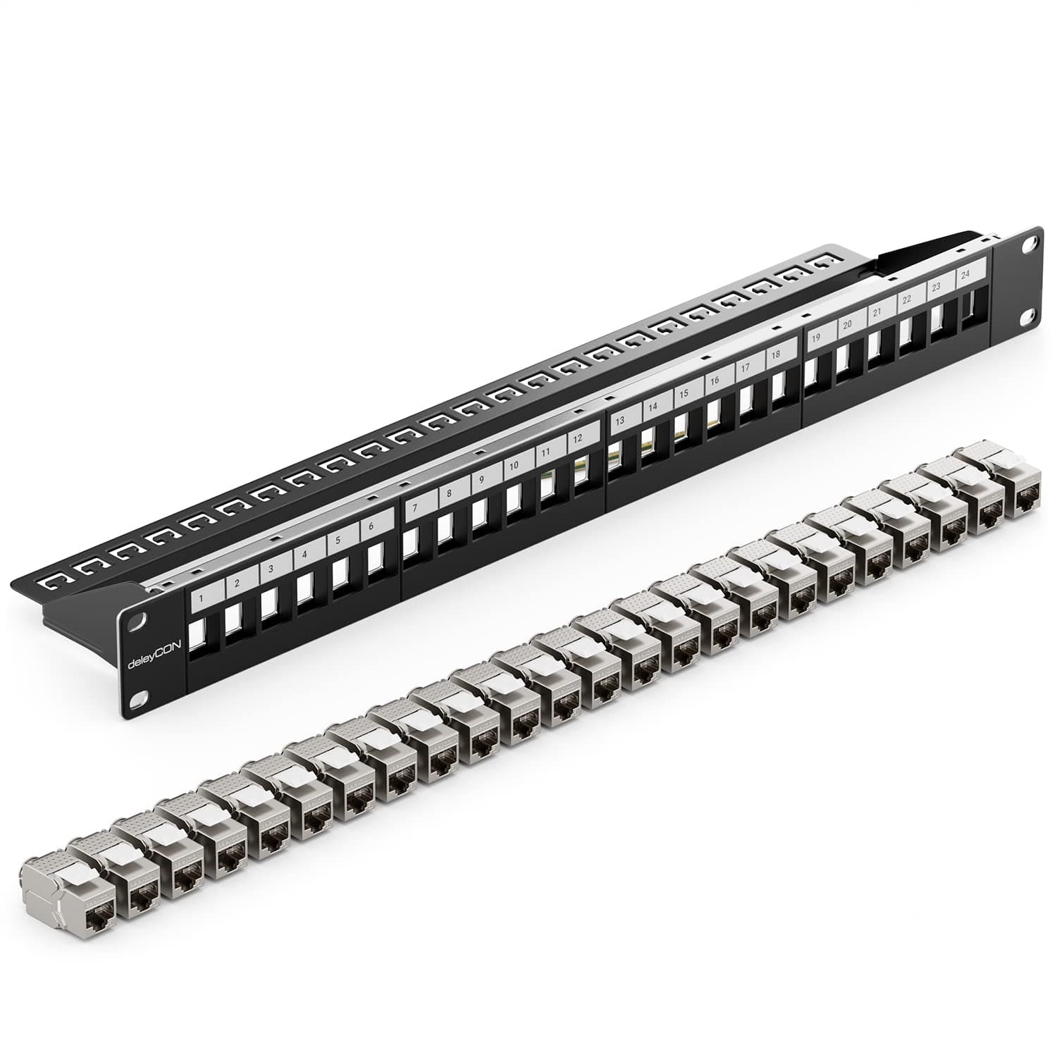 deleyCON Kit de 24 Ports Panneau de Brassage Modulaire 1 U 19" Installation en Rack + 24x Modules Keystone RJ45 CAT6a Compatible avec Câble Réseau LAN CAT5 CAT6 CAT7 Câble D'installation Noir