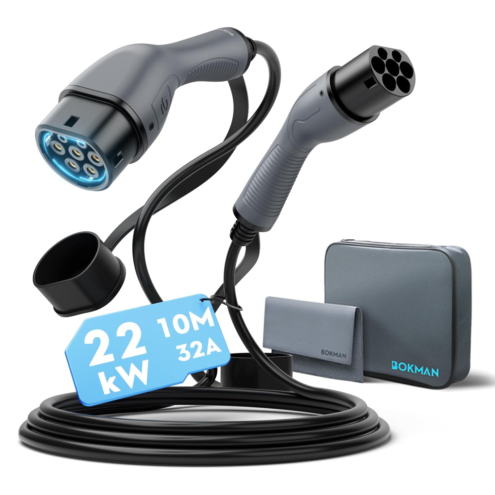 bokman Câble de Recharge Voiture Électrique Type 2 -Câble Type 2 (T2-T2) | TÜV/ 22kW/ 10Mètres/ Triphasé/ 32A/ IP55