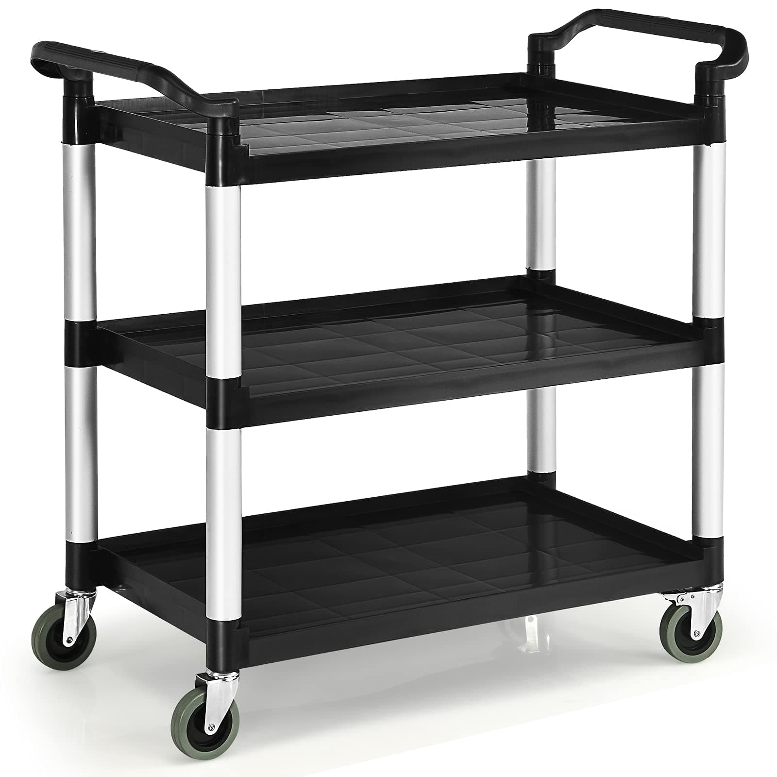 COSTWAY Chariot à roulettes 3 Étagères 150 kg, Chariot de Service Multifonctionnel avec Poignées adaptées, 4 Roues Flexibles (2 Verrouillable), 103 x 49 x 98 cm, Noir