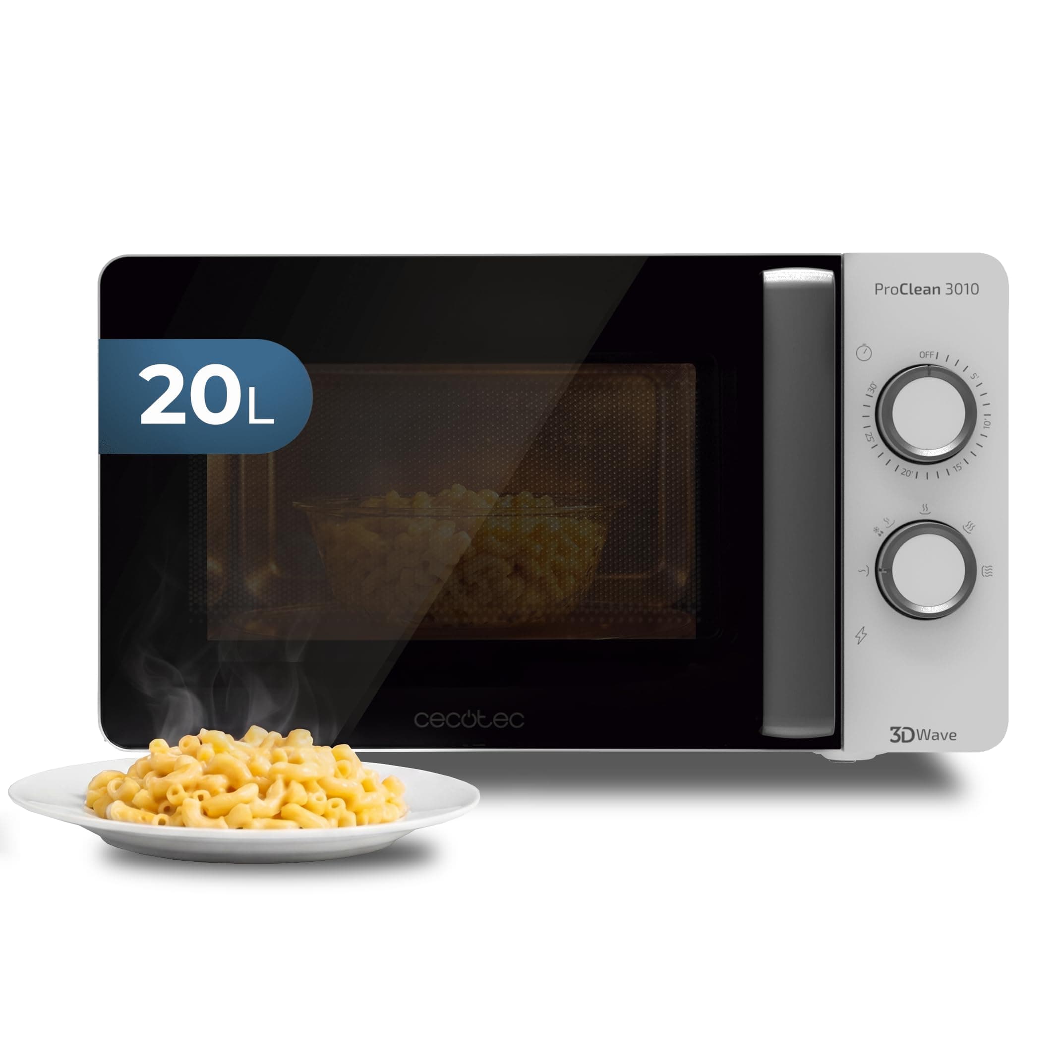 Cecotec Microondas ProClean 3010 Wave. 700 W, 20 L de capacidad, Revestimiento Ready2Clean, Tecnología 3DWave, Modo Descongelación, 6 Niveles de Potencia, Temporizador 30 mins