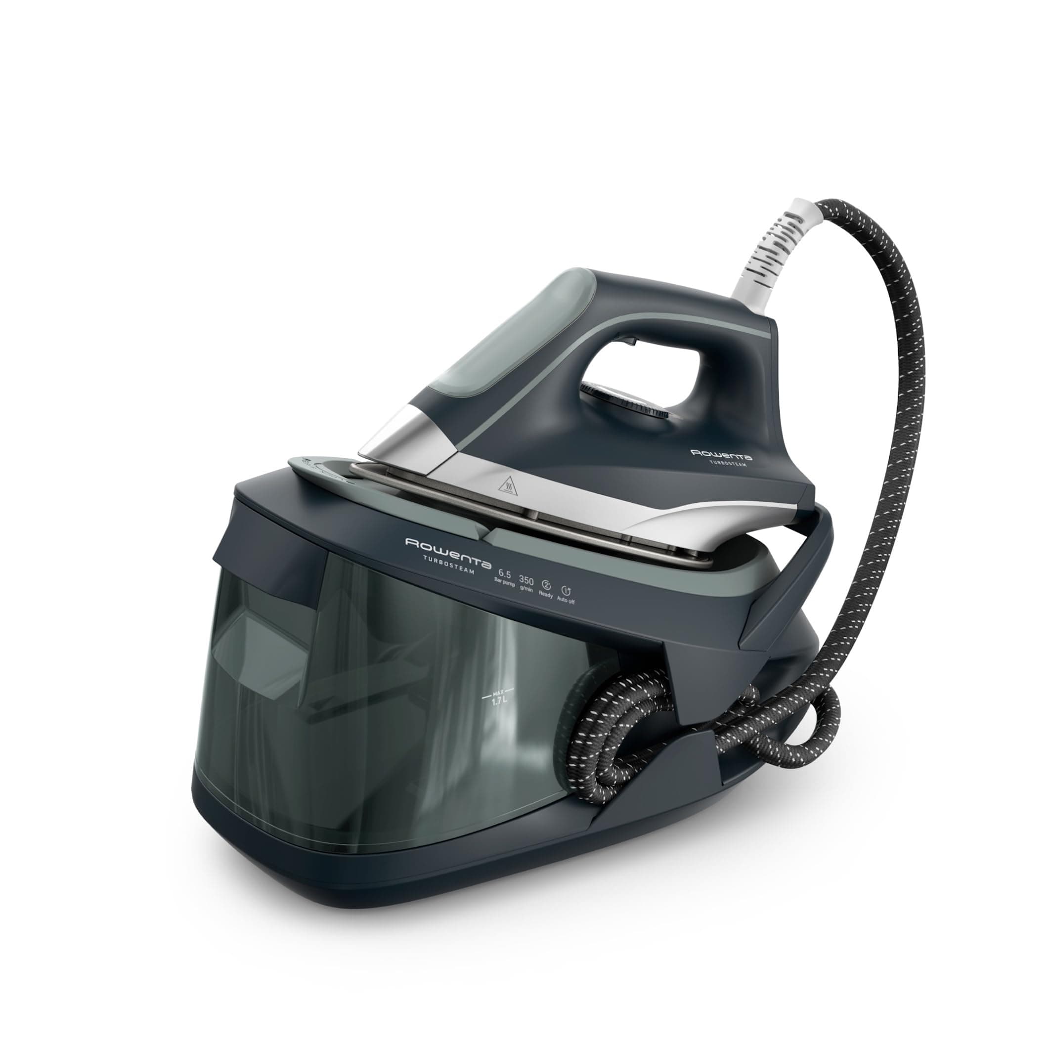 Rowenta Turbosteam Generatore di Vapore Compatto e Potente con Piastra MicroSteam400 e Serbatoio XL da 1,7L, Con Modalità Eco e Stiratura Verticale, VR8323
