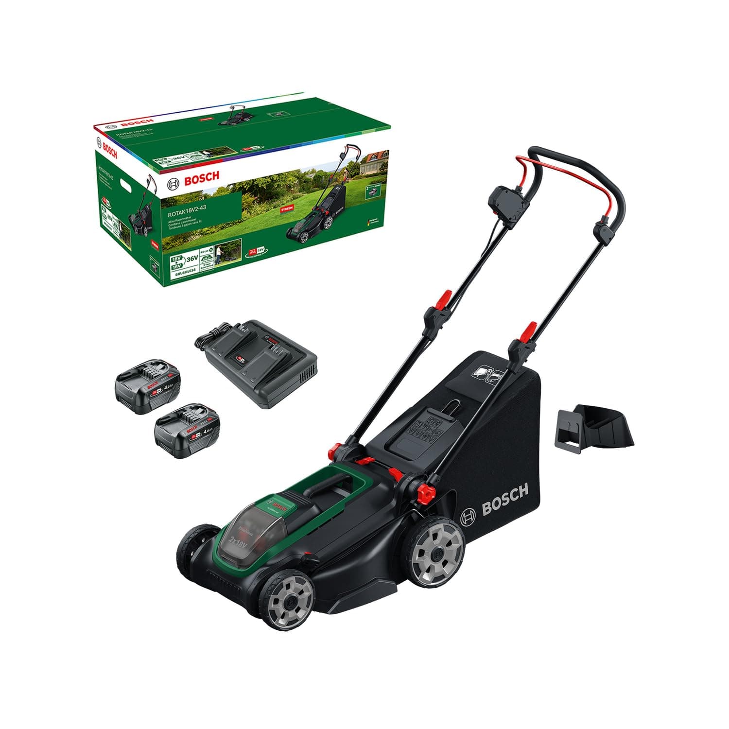 Bosch Tondeuse à Gazon sans-Fil ROTAK18V2-43 (Largeur de Coupe: 43 cm, Hauteur de Coupe: 30-75 mm, Sac de ramassage en Tissu de 50 l, Accessoire de Mulching, avec Deux Batteries 18 V et Chargeur)
