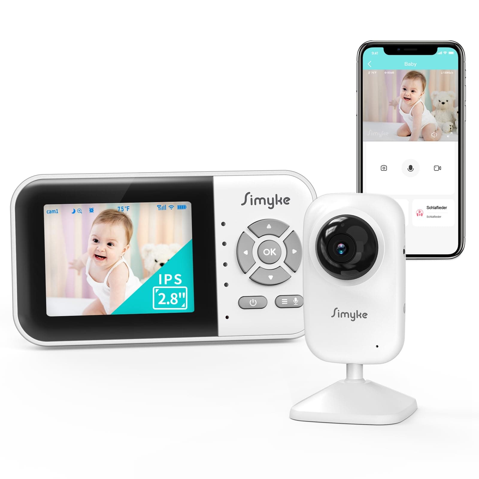 Simyke Vigilabebes con Camara WiFi y Pantalla de 2,8",Monitor Bebe con App, Audio Bidireccional,Vision Nocturna Automatica, VOX, Sensor de Temperatura, Canciones de Cuna y Largo Alcancepara el Hogar